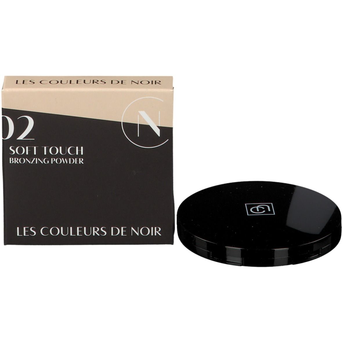 Zwarte verpakking met productnaam en logo. Bronzer compactpoeder en deksel ernaast.
