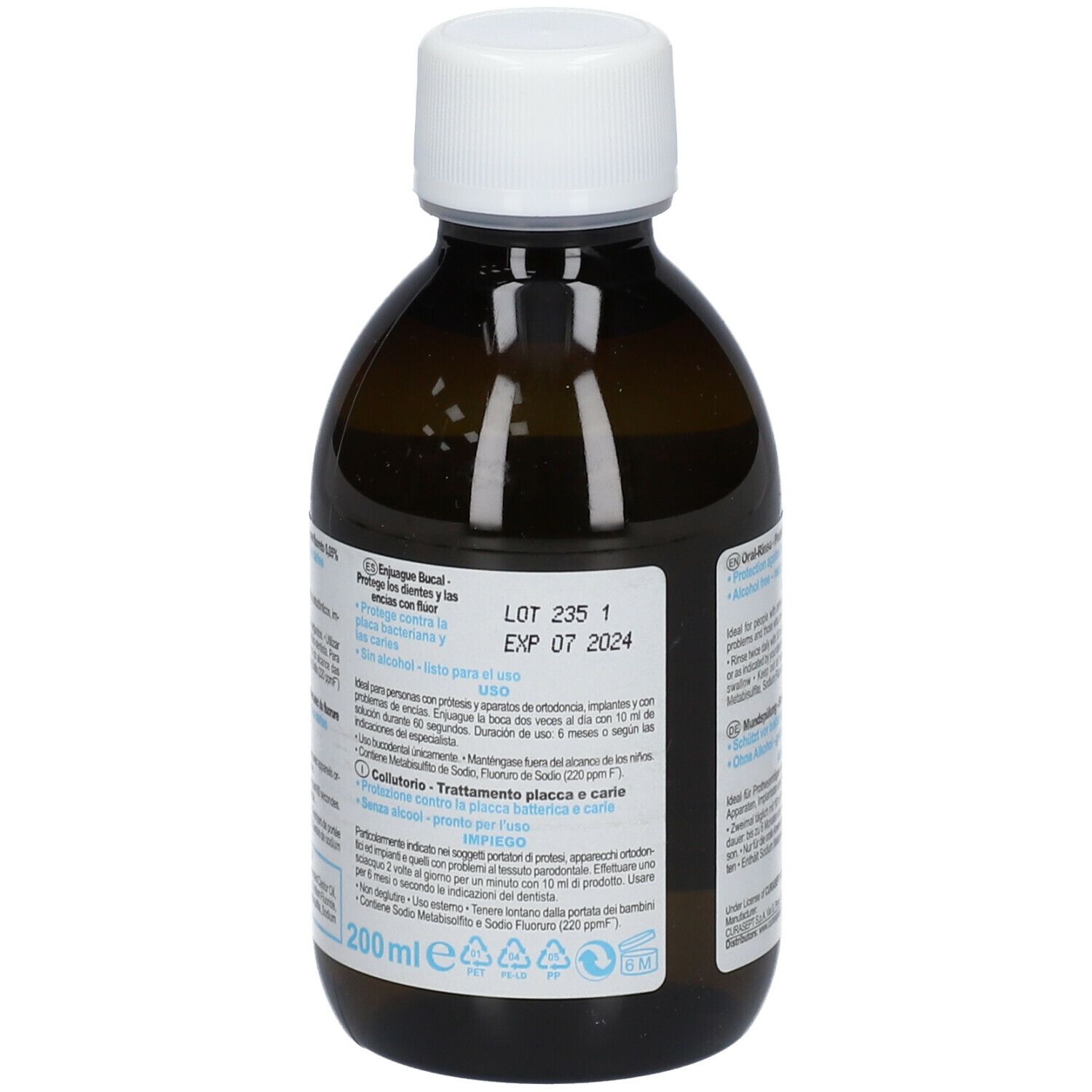 Rückseite einer braunen Flasche mit weißem Verschluss. Text in mehreren Sprachen. Angaben zu Haltbarkeit und Inhaltsstoffen.
