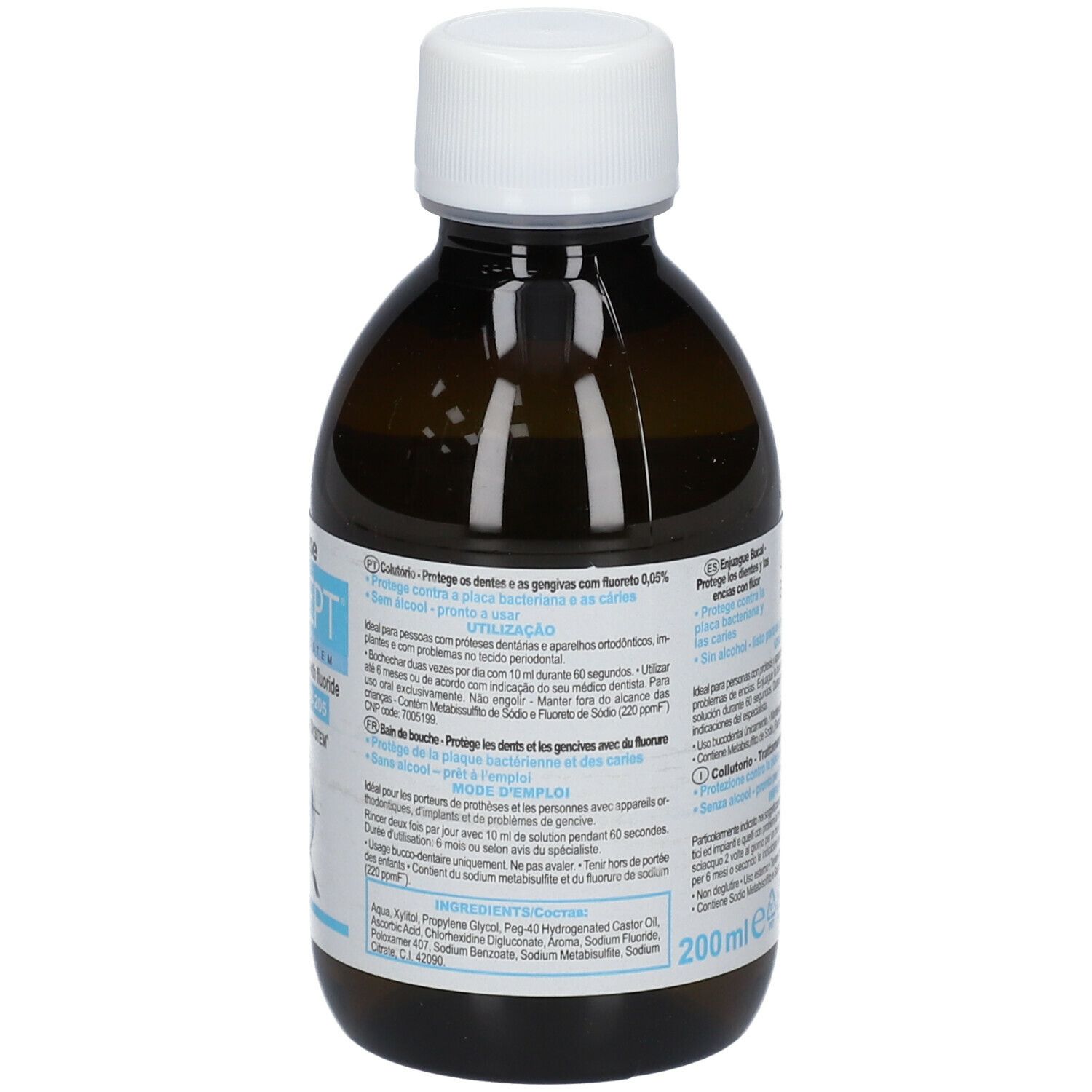Rückseite einer braunen Flasche mit weißem Verschluss. Text in mehreren Sprachen. Angaben zu Inhaltsstoffen und Anwendung.