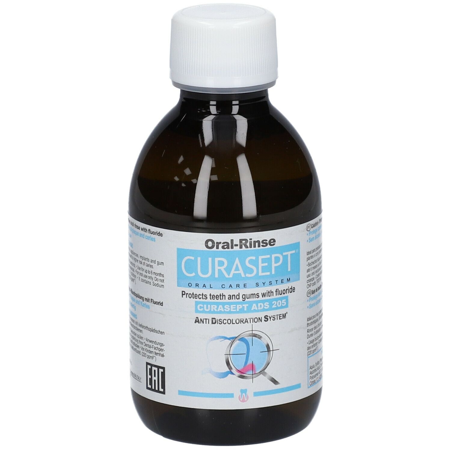 Braune Flasche mit weißem Verschluss. Aufschrift: CURASEPT, Oral-Rinse, schützt Zähne und Zahnfleisch mit Fluorid.