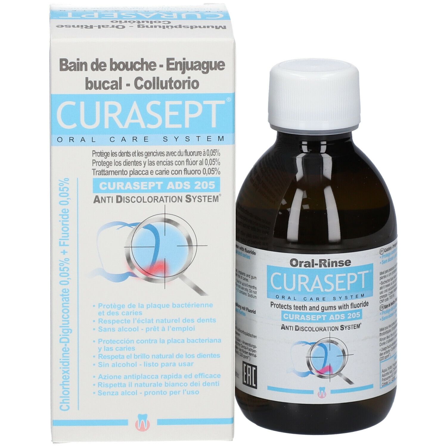 Produktverpackung und Flasche. Aufschrift: CURASEPT, Oral-Rinse, schützt Zähne und Zahnfleisch mit Fluorid.