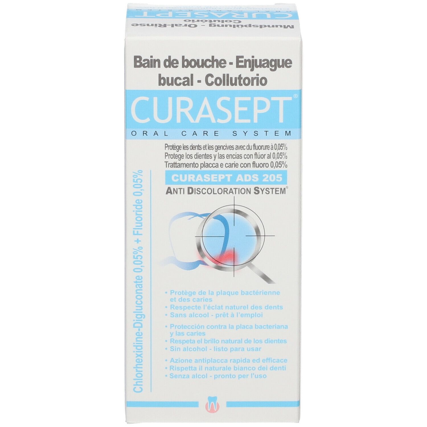 Produktverpackung. Aufschrift: CURASEPT, Oral-Rinse, schützt Zähne und Zahnfleisch mit Fluorid.