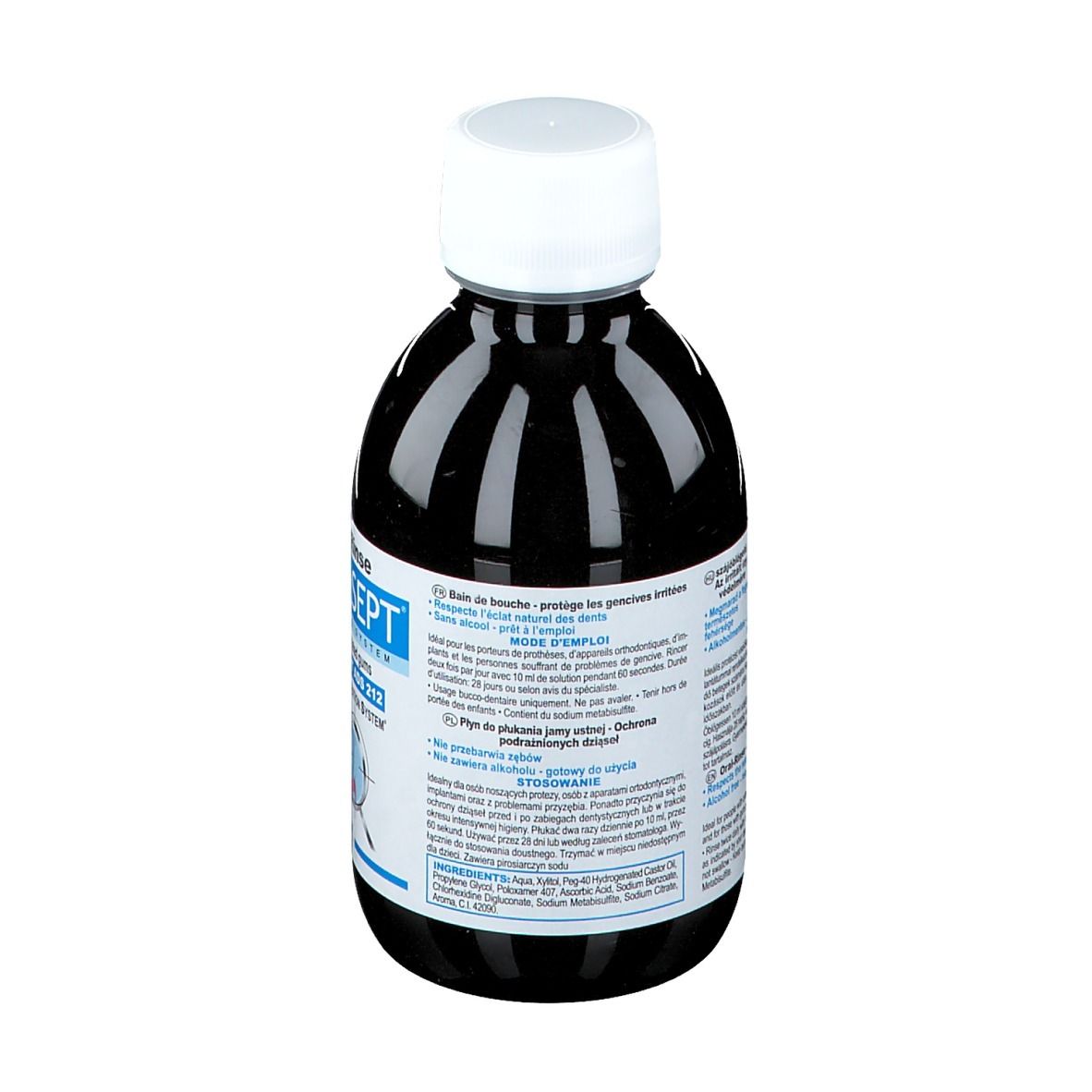 Rückansicht einer Flasche mit dunkler Flüssigkeit und weißem Deckel. Etikett mit Text, darunter CURASEPT.