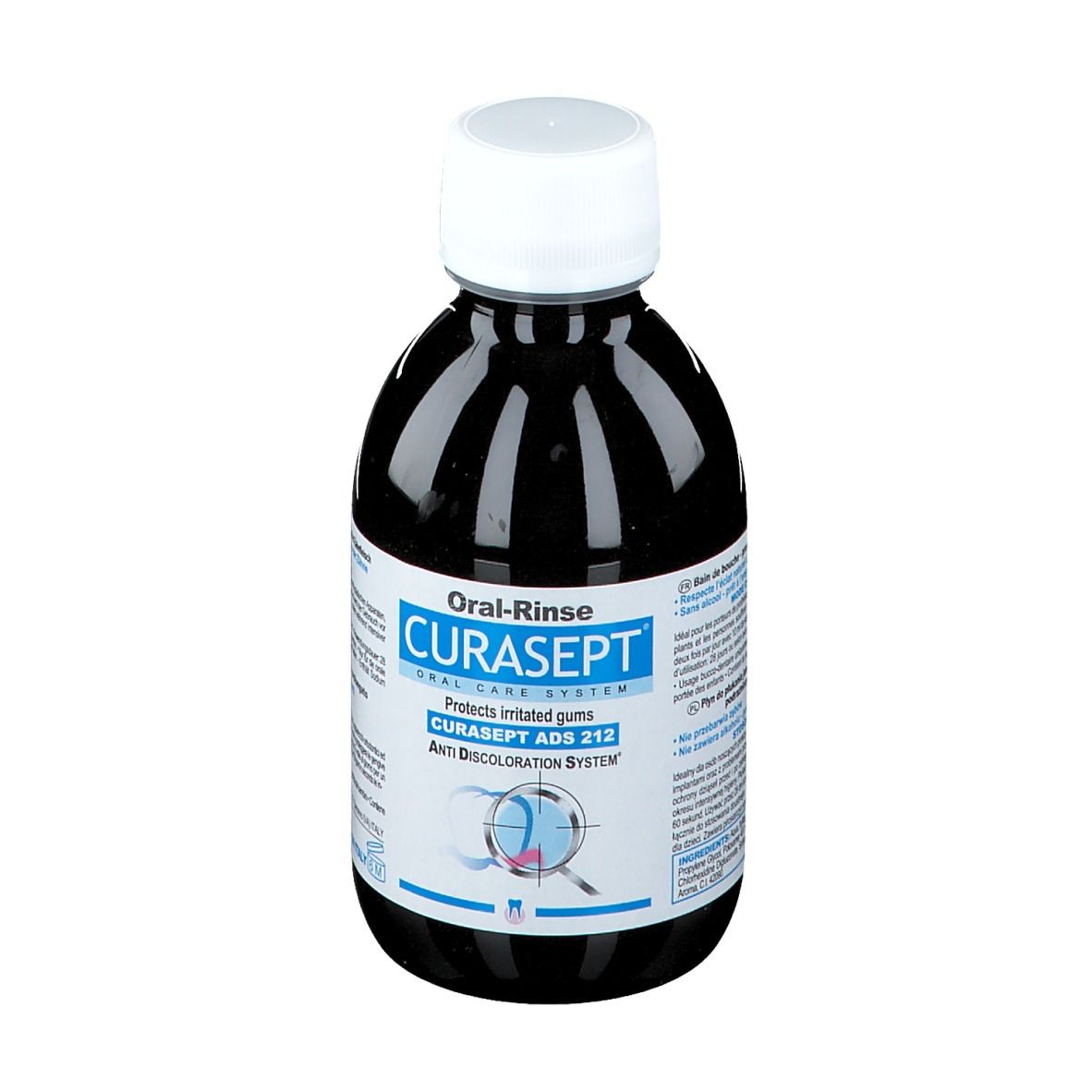 Dunkle Flüssigkeit in einer Flasche mit weißem Deckel. Auf dem Etikett steht CURASEPT, Oral-Rinse und ADS 212.