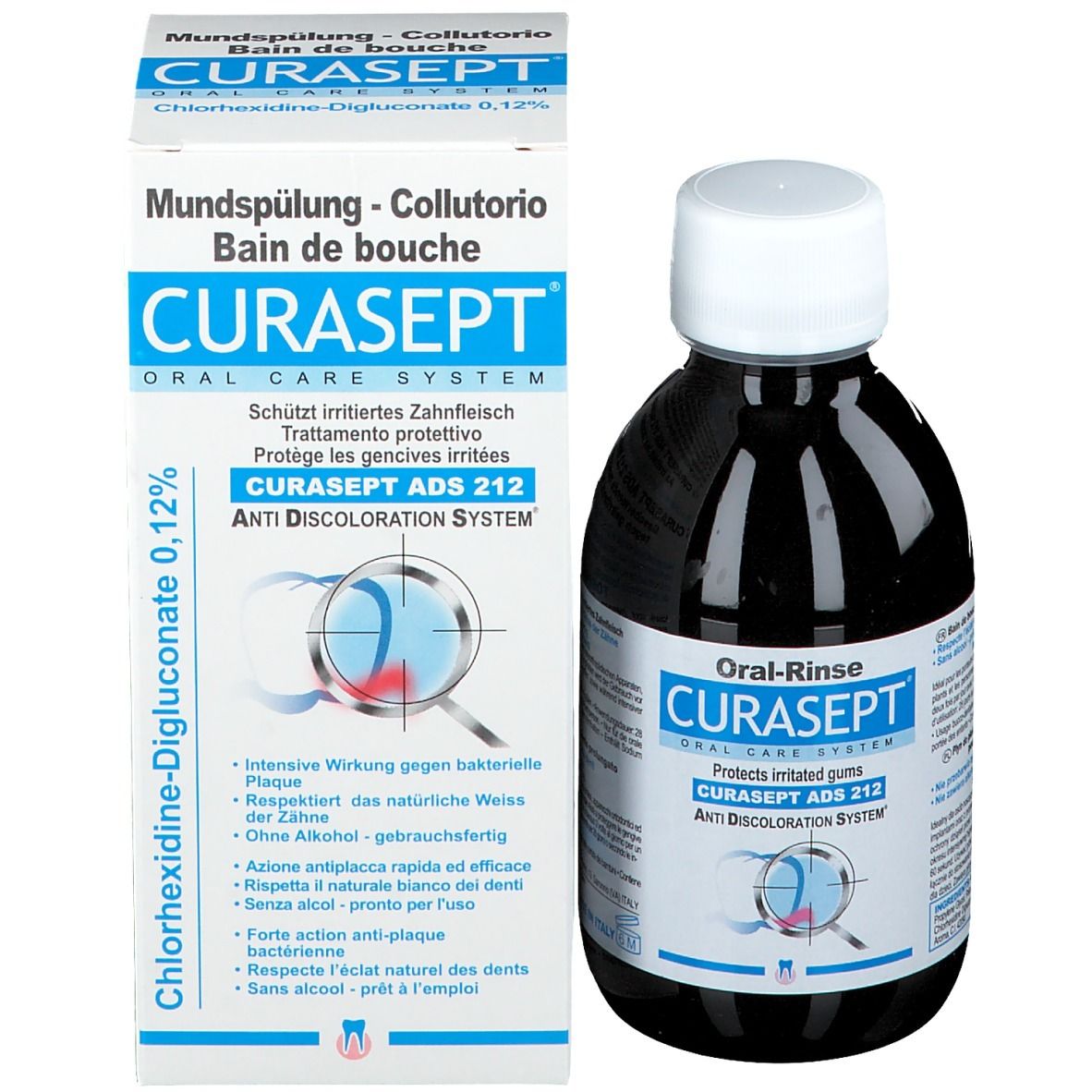 Flasche und Schachtel. Auf der Flasche steht CURASEPT, Oral-Rinse und ADS 212. Auf der Schachtel steht CURASEPT.