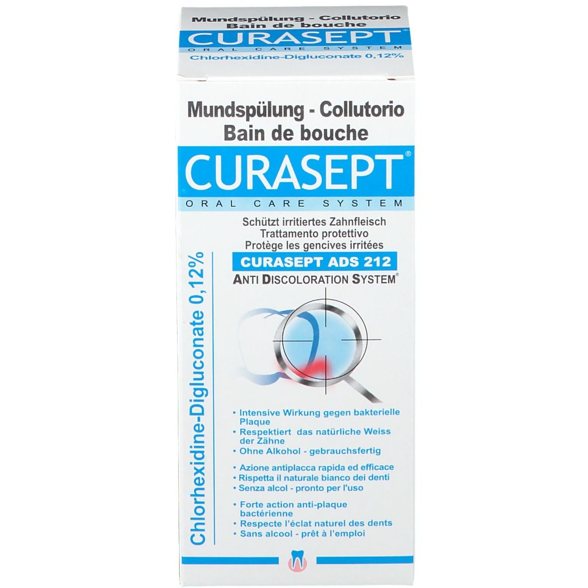 Weiße Schachtel mit Text und Logo CURASEPT. Auf der Schachtel steht Mundspülung, Chlorhexidine-Digluconat 0,12%.