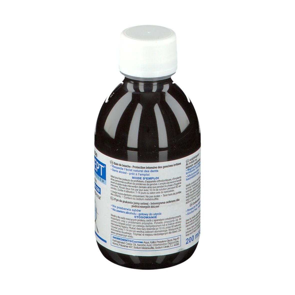 Rückseite einer Flasche mit brauner Flüssigkeit und weißem Deckel. Etikett mit Produktinformationen und Text.