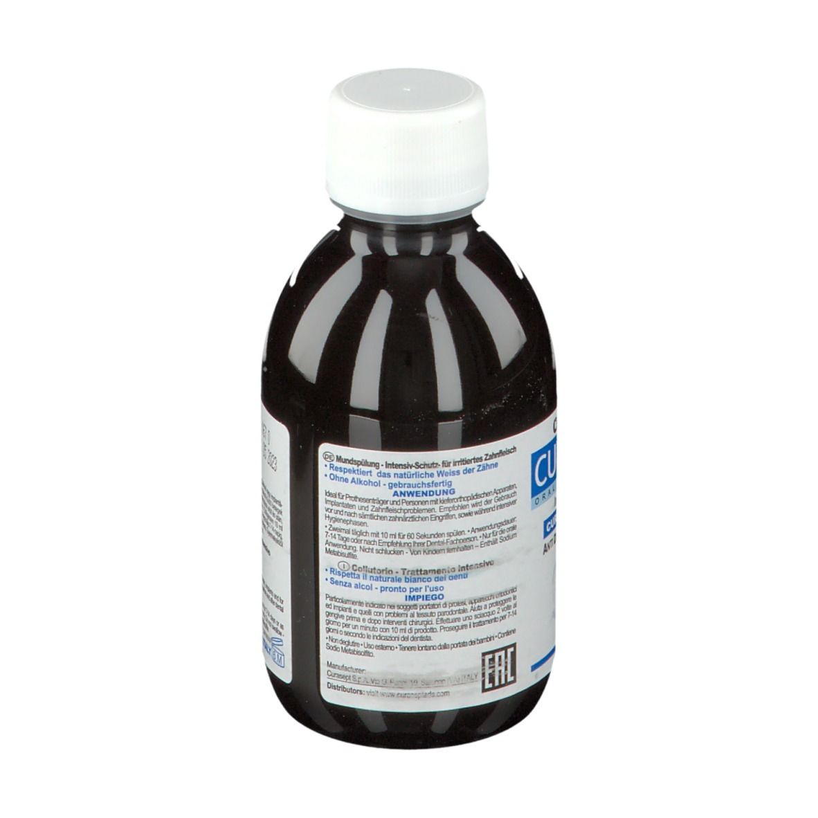 Rückseite einer Flasche mit brauner Flüssigkeit und weißem Deckel. Etikett mit Produktinformationen und Text.