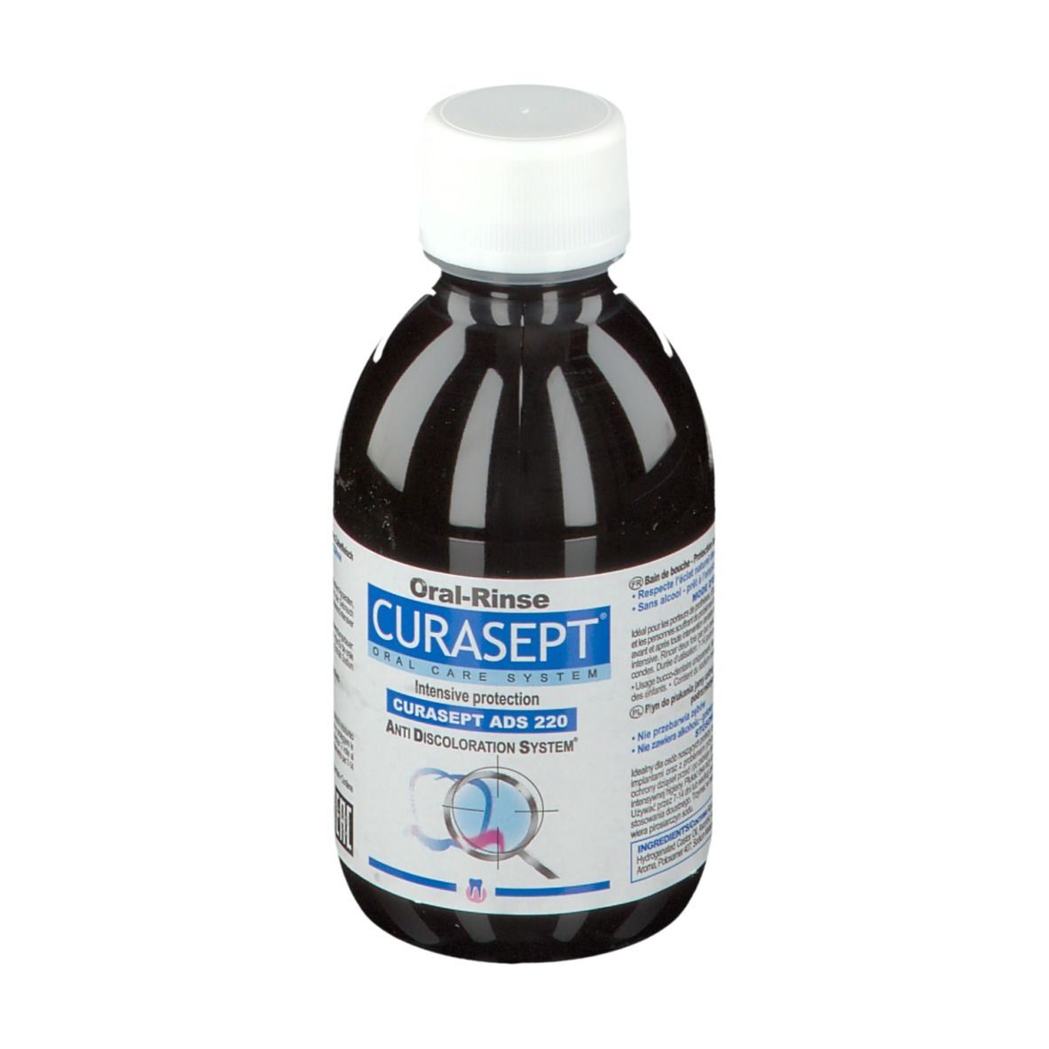 Vorderseite einer Flasche mit brauner Flüssigkeit und weißem Deckel. CURASEPT ADS 220, Anti-Verfärbungs-System. Etikett.