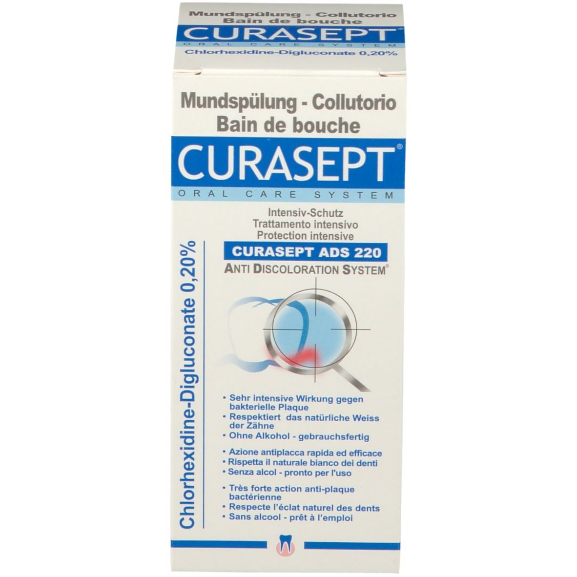 Schachtel mit Produktinformationen. CURASEPT ADS 220, Anti-Verfärbungs-System. Flasche mit brauner Flüssigkeit und weißem Deckel.