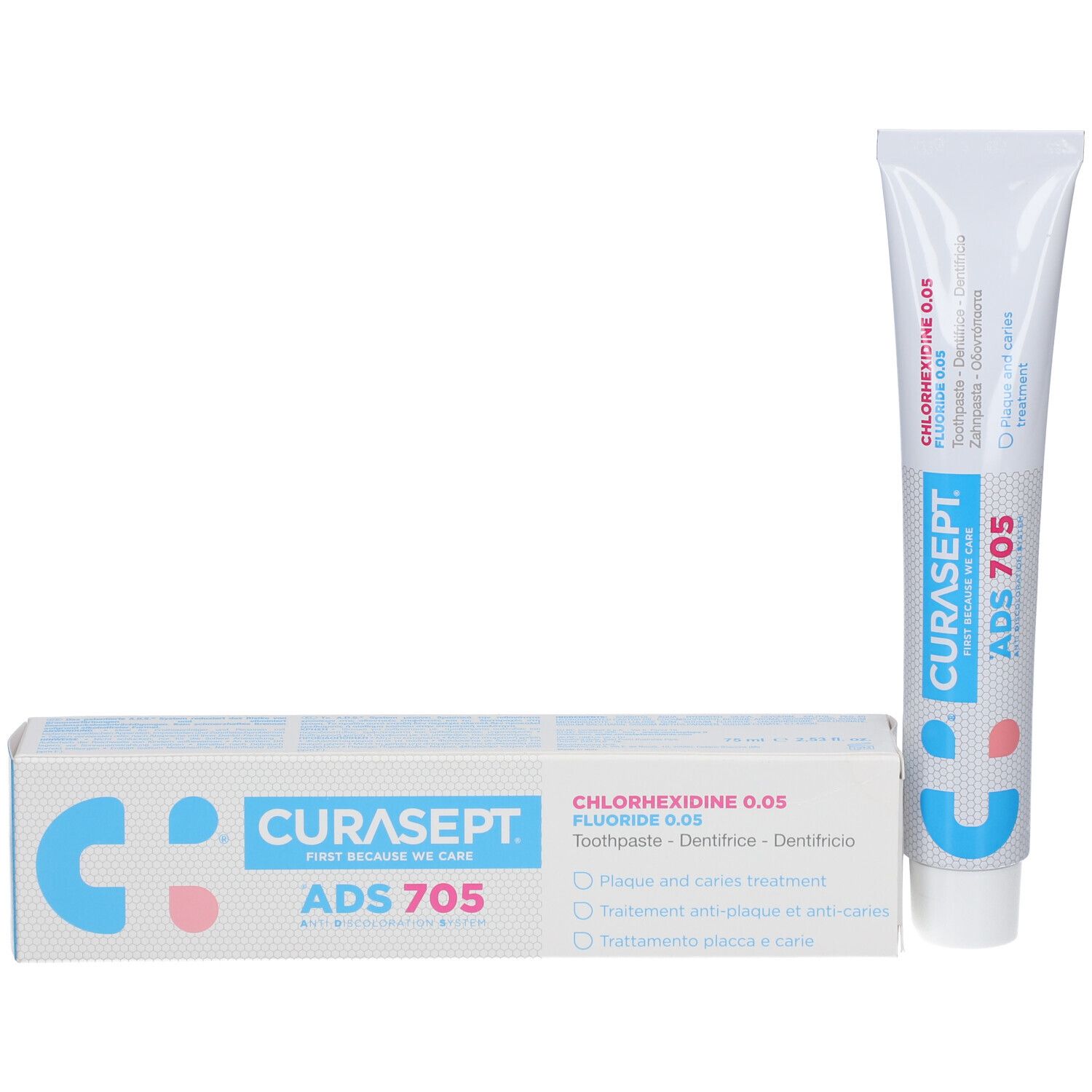 Zahncreme-Tube CURASEPT ADS 705 und Schachtel. Beide zeigen das Logo und Produktinformationen.