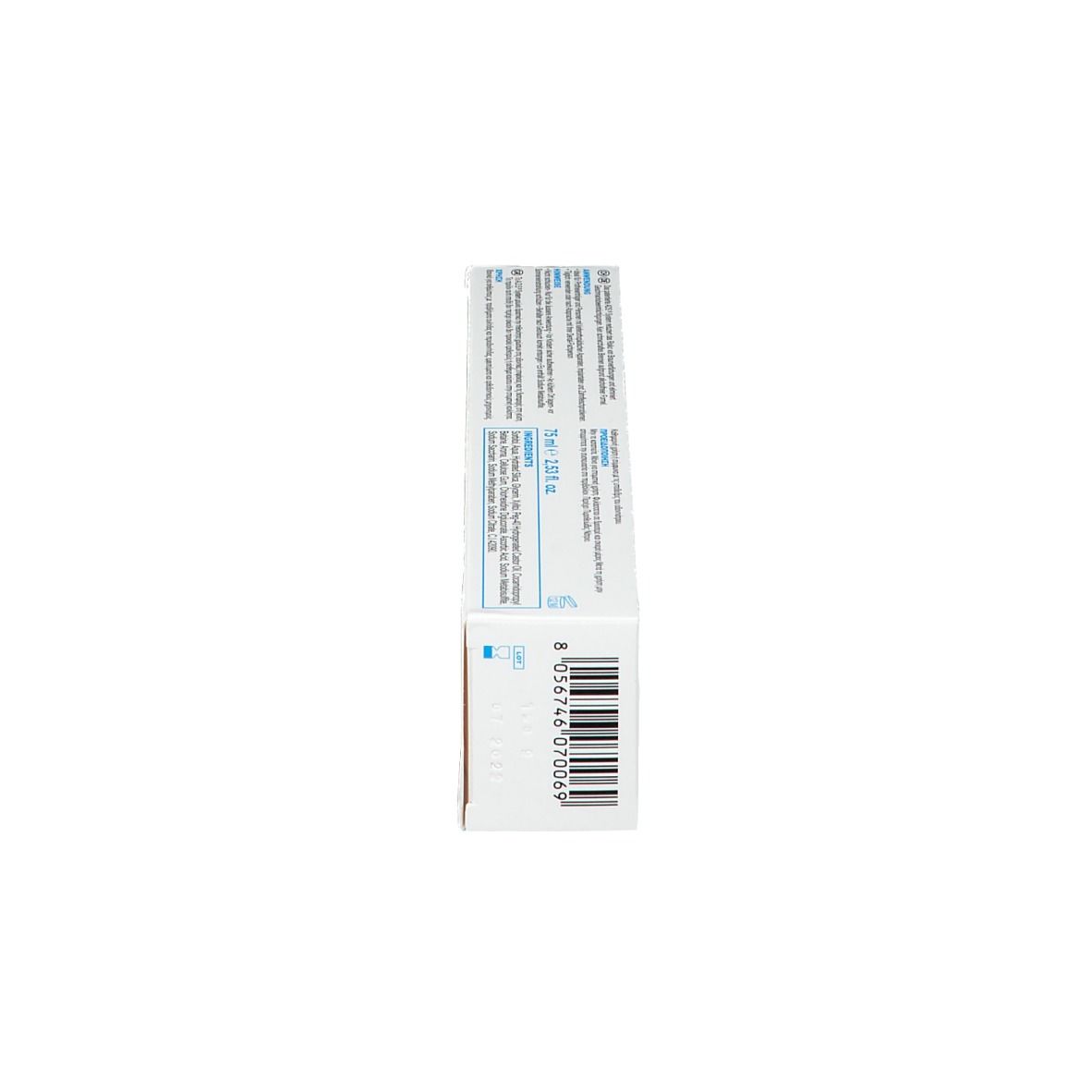 Zijaanzicht van de doos CURASEPT ADS 712. Barcode en productinformatie.