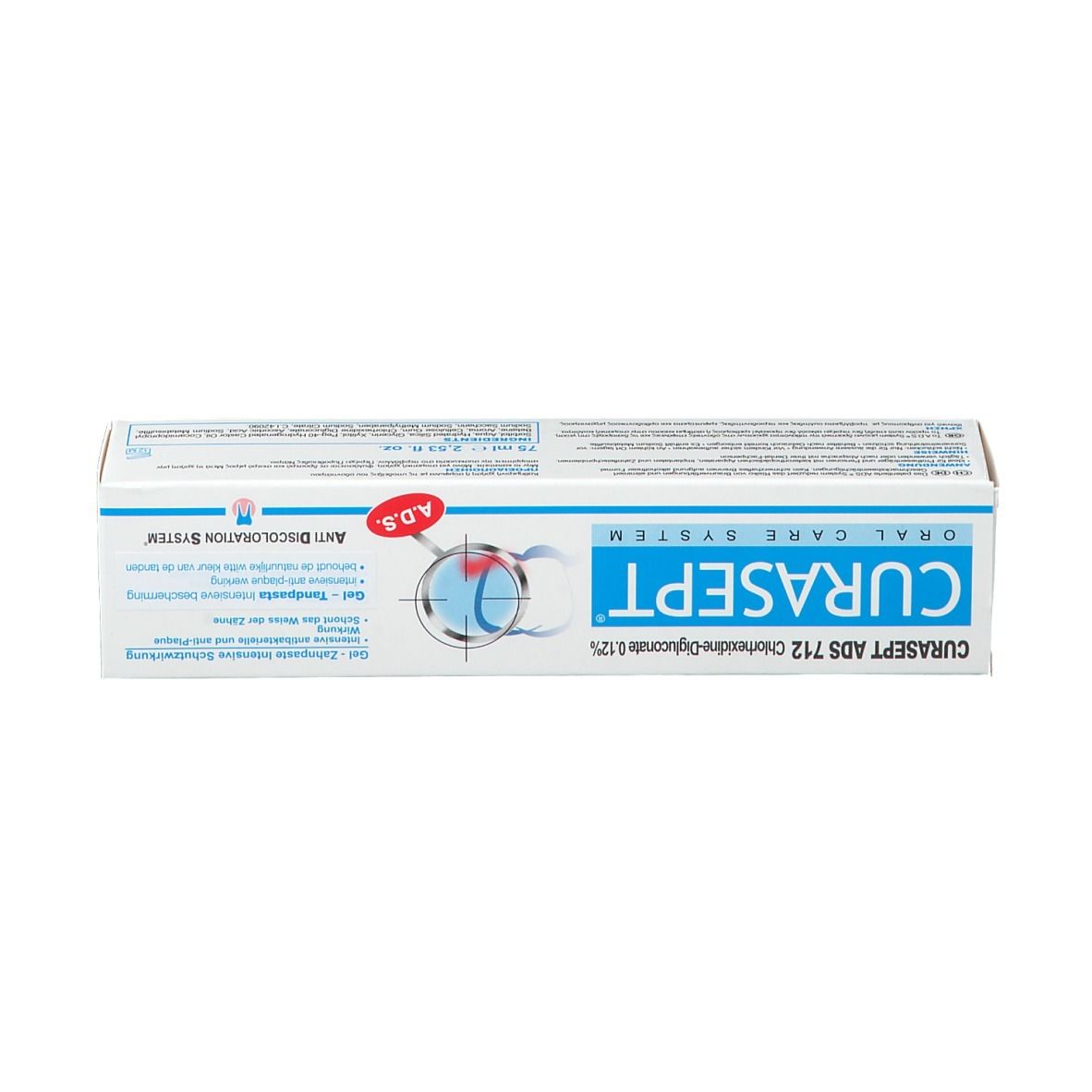 Doos CURASEPT ADS 712. Tekst: Chloorhexidine Digluconaat 0,12%. Logo en informatie.