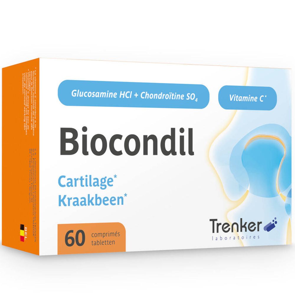 Boîte de comprimés "Biocondil". Contient glucosamine, chondroïtine et vitamine C. 60 comprimés. Marque: Trenker.