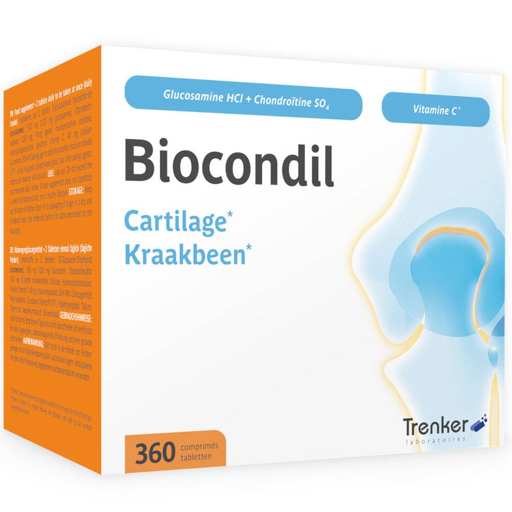 Verpakking van Biocondil. Bevat 360 tabletten. Opschrift: Glucosamine HCl + Chondroïtine SO₄, Vitamine C.
