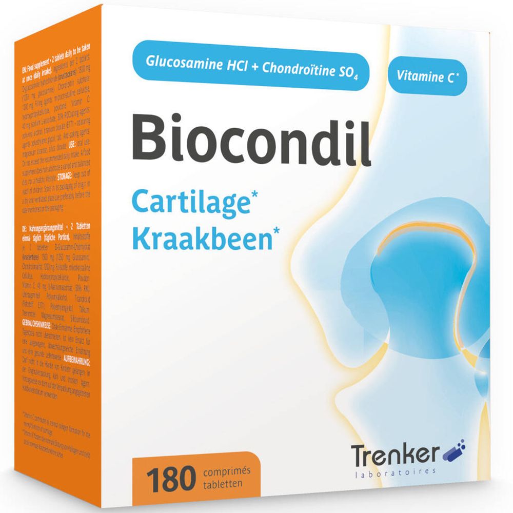 Boîte de Biocondil. Contient 180 comprimés. Inscription : Glucosamine HCl + Chondroïtine SO4, Vitamine C.