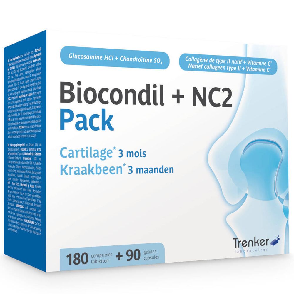 Boîte de Biocondil + NC2. Contient 180 comprimés et 90 gélules. Contient glucosamine, chondroïtine, vitamine C et collagène.