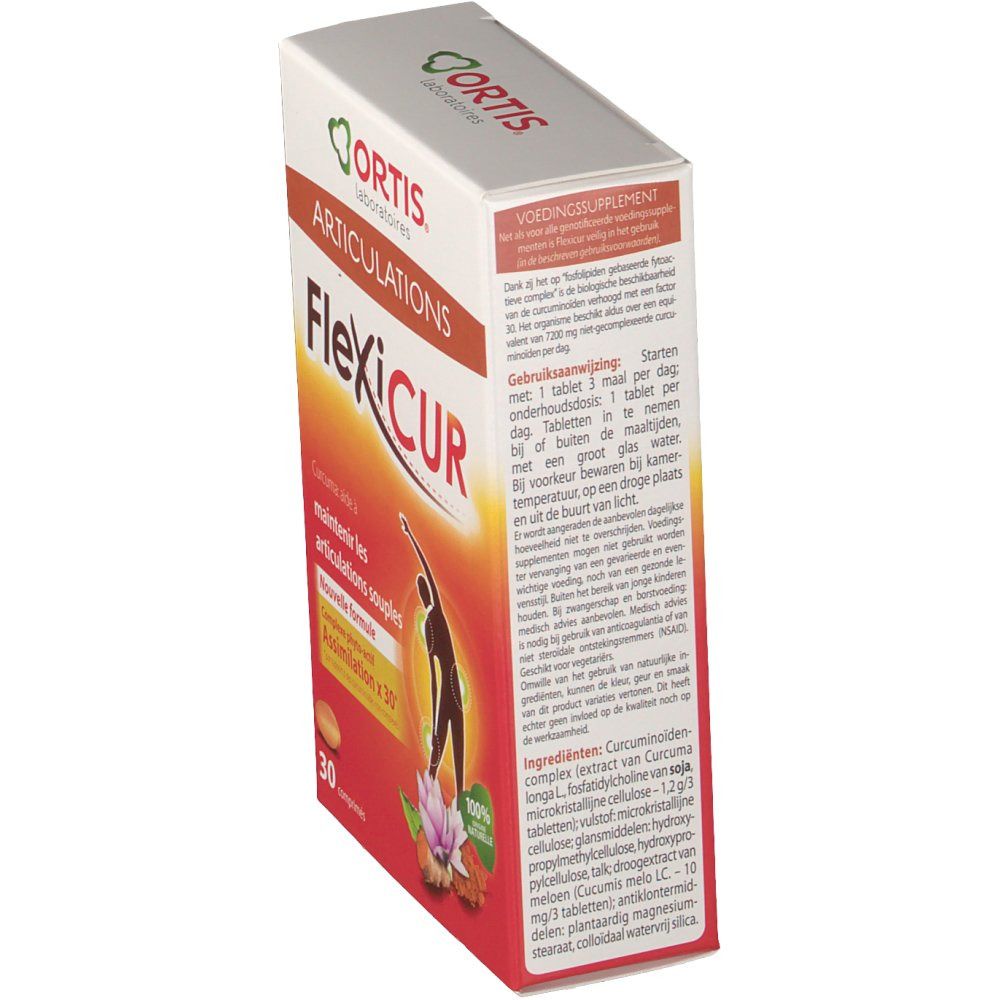 Confezione FlexiCur con 30 compresse. Scritta: Articolazioni, Ortis. Contiene curcuma. Immagine di una persona che si allunga.