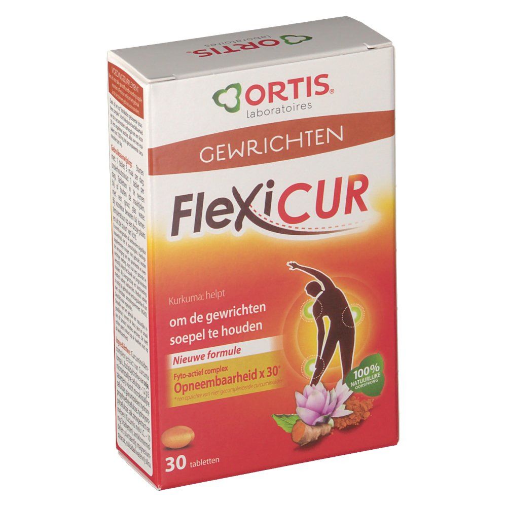 Confezione FlexiCur con 30 compresse. Scritta: Gewrichten, Ortis. Contiene curcuma. Immagine di una persona che si allunga.