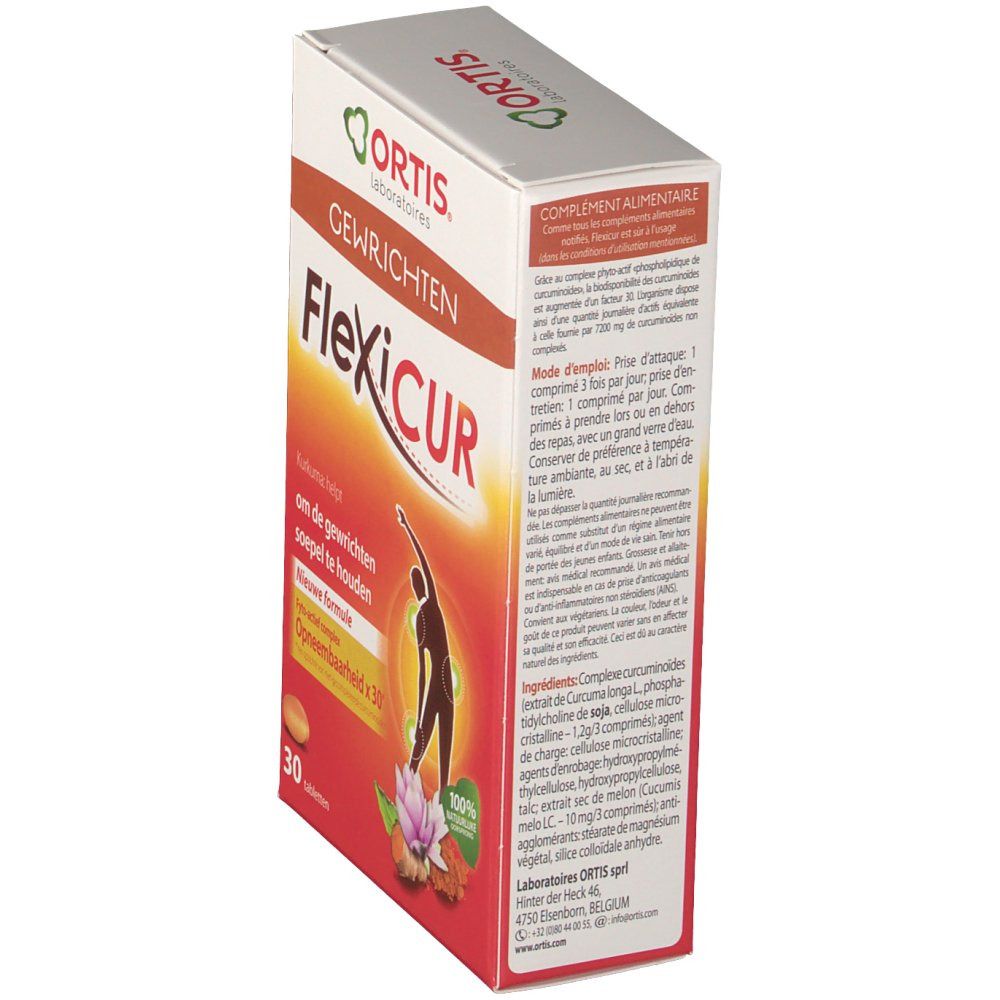 Confezione FlexiCur con 30 compresse. Scritta: Gewrichten, Ortis. Contiene curcuma. Immagine di una persona che si allunga.