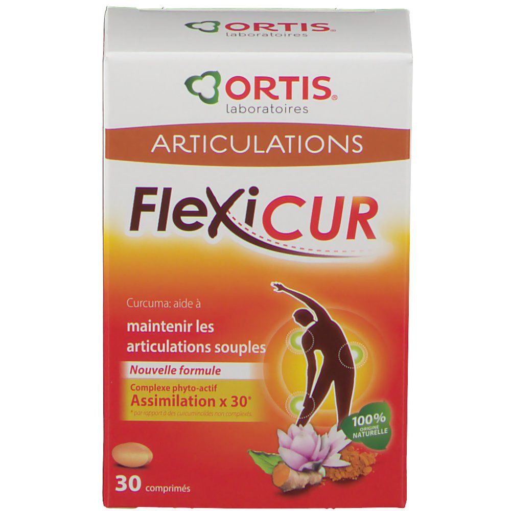 Confezione FlexiCur con 30 compresse. Scritta: Articolazioni, Ortis. Contiene curcuma. Immagine di una persona che si allunga.
