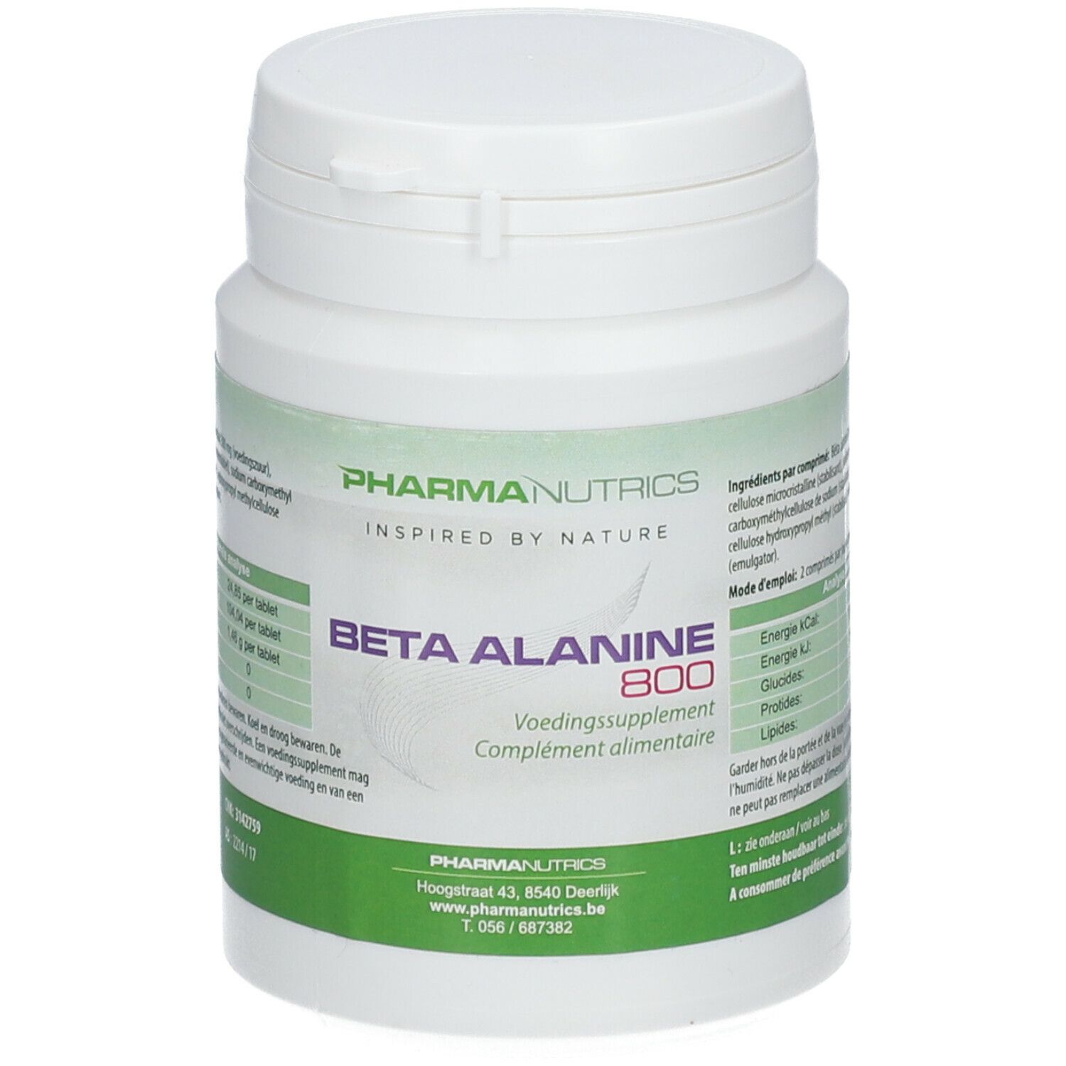 Witte fles Pharmanutrics Beta Alanine 800. Groen-witte etiketten. Deksel met kliksluiting.