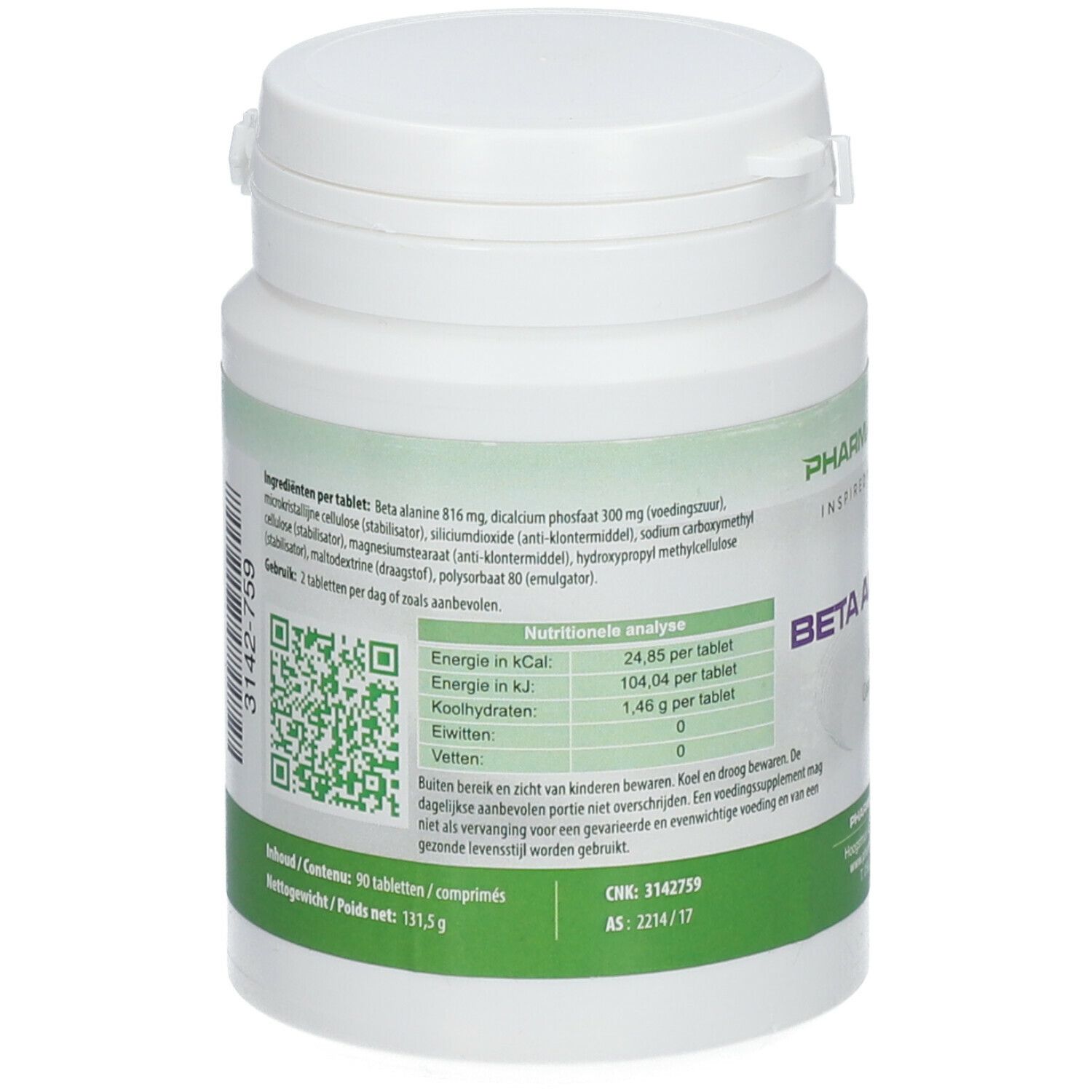 Achterkant van de witte fles. Bevat informatie over ingrediënten en voedingsanalyse. QR-code en batchnummer.