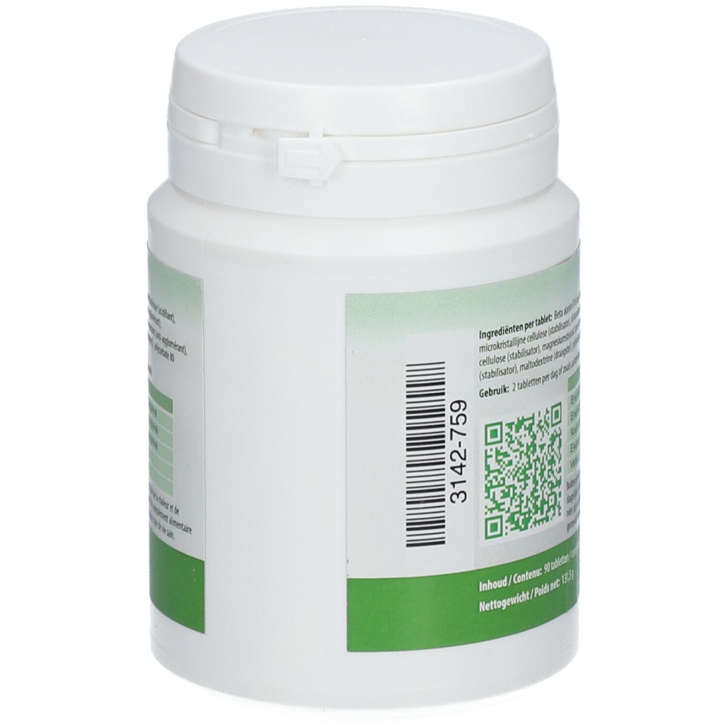 Witte fles, zijaanzicht. Etiket met QR-code en batchnummer. Groene strook onderaan.