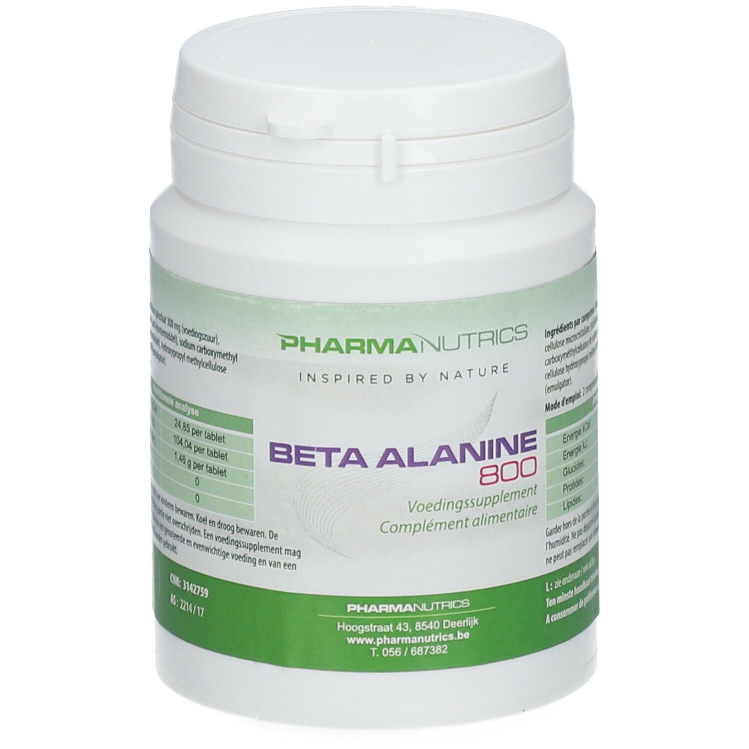 Witte fles met Pharmanutrics Beta Alanine 800. Groen-wit etiket met productinformatie.