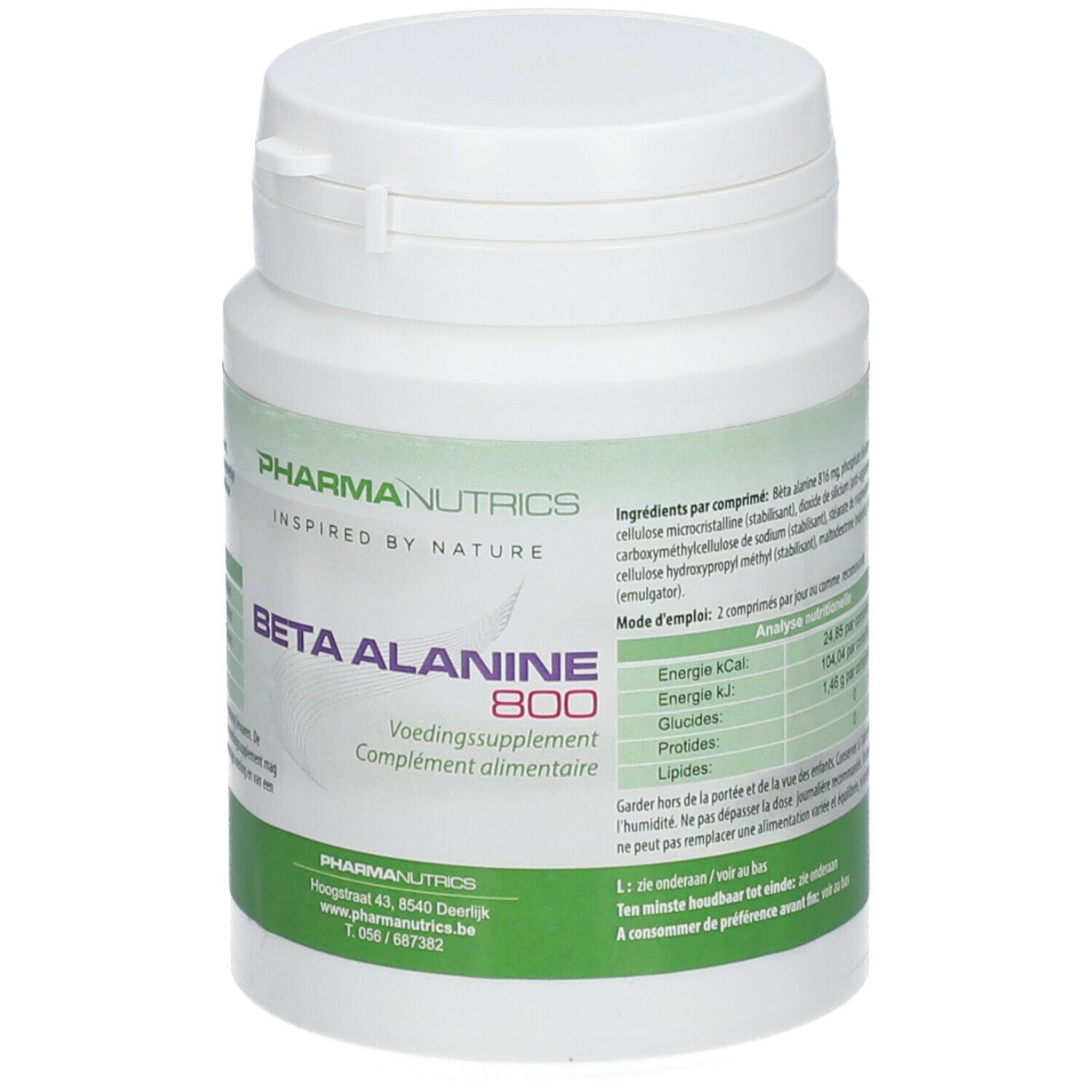 Witte fles met Pharmanutrics Beta Alanine 800. Etiket met ingrediënten en voedingswaarde.