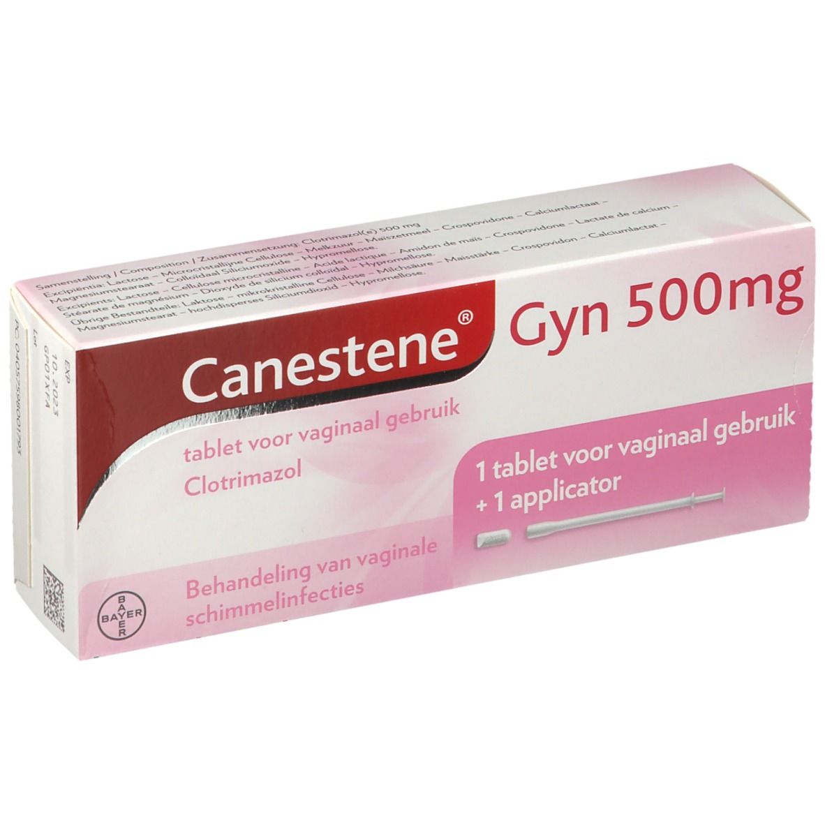 Boîte de Canestene Gyn 500mg. Contient 1 comprimé et applicateur. Texte: Comprimé vaginal, Clotrimazole.