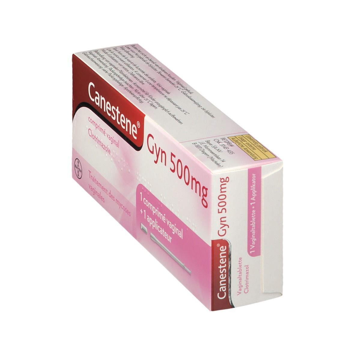 Vue oblique de la boîte Canestene Gyn 500mg. Contient 1 comprimé et applicateur. Texte: Comprimé vaginal, Clotrimazole.