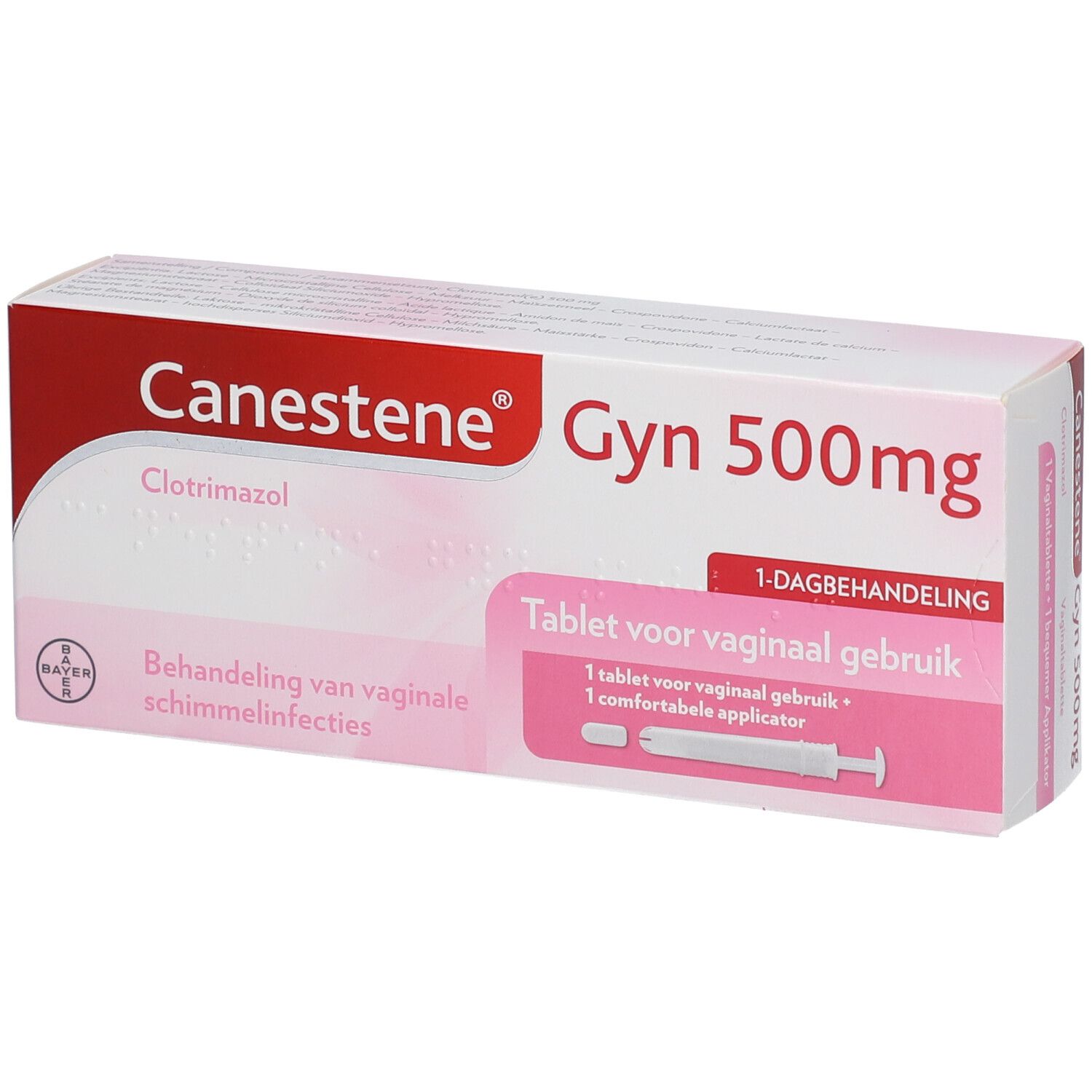 Boîte Canestene Gyn 500mg. Contient 1 comprimé et applicateur. Texte: Comprimé vaginal, Clotrimazole, traitement 1 jour.