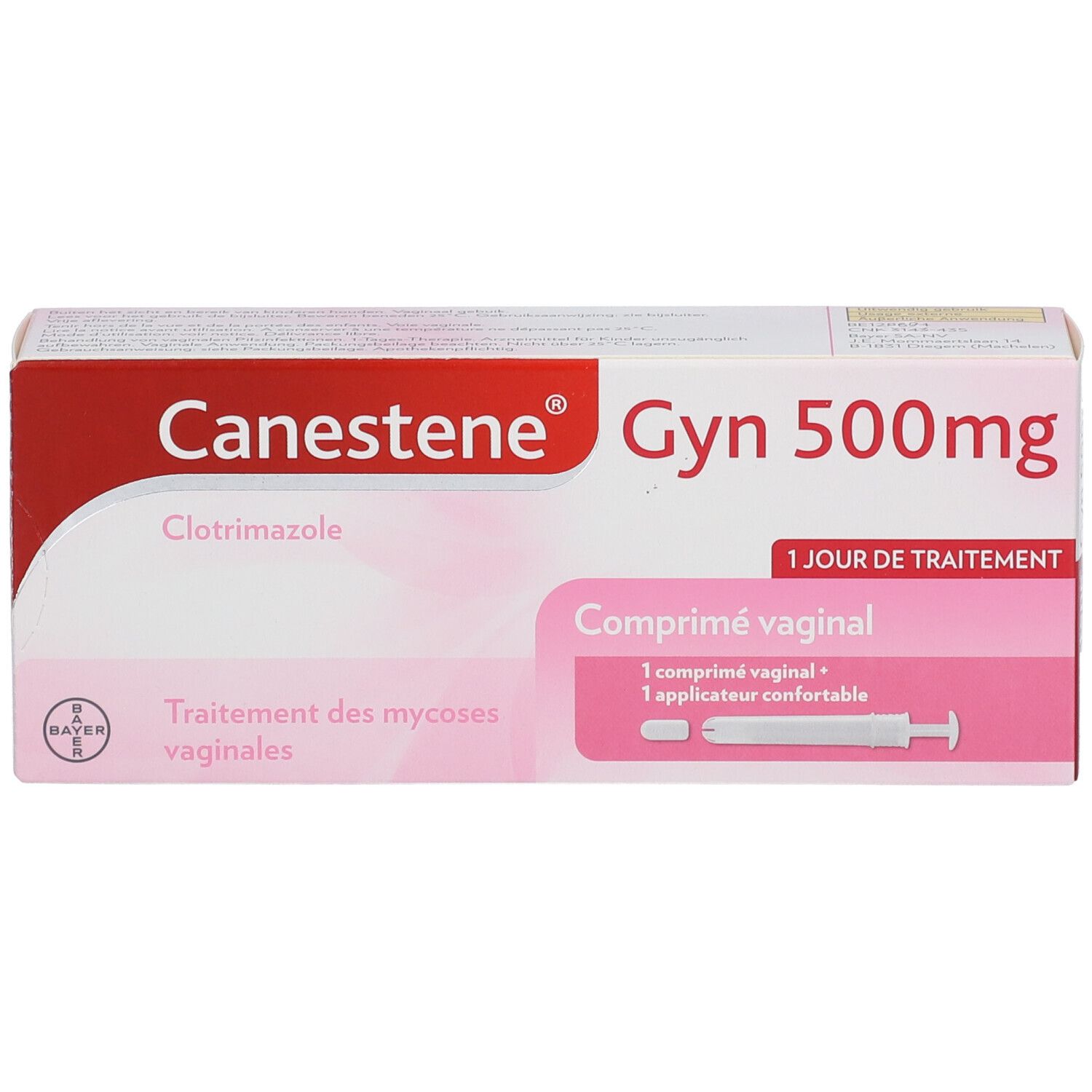 Boîte Canestene Gyn 500mg. Contient 1 comprimé et applicateur. Texte: Comprimé vaginal, Clotrimazole, traitement 1 jour.