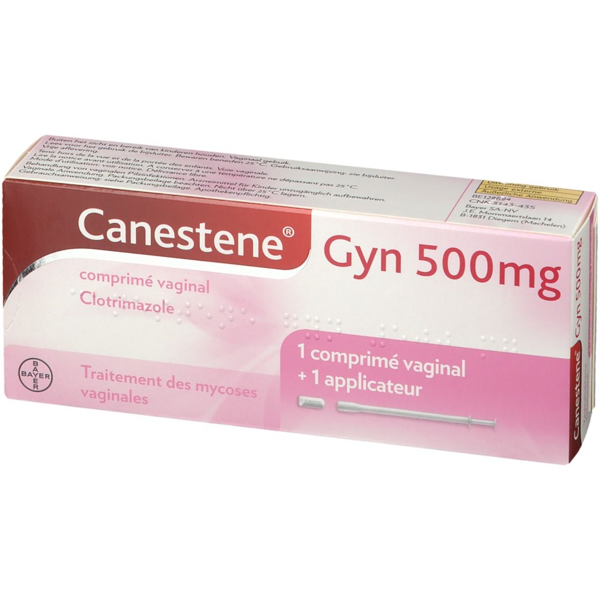 Boîte Canestene Gyn 500mg. Contient 1 comprimé et applicateur. Texte: Comprimé vaginal, Clotrimazole.