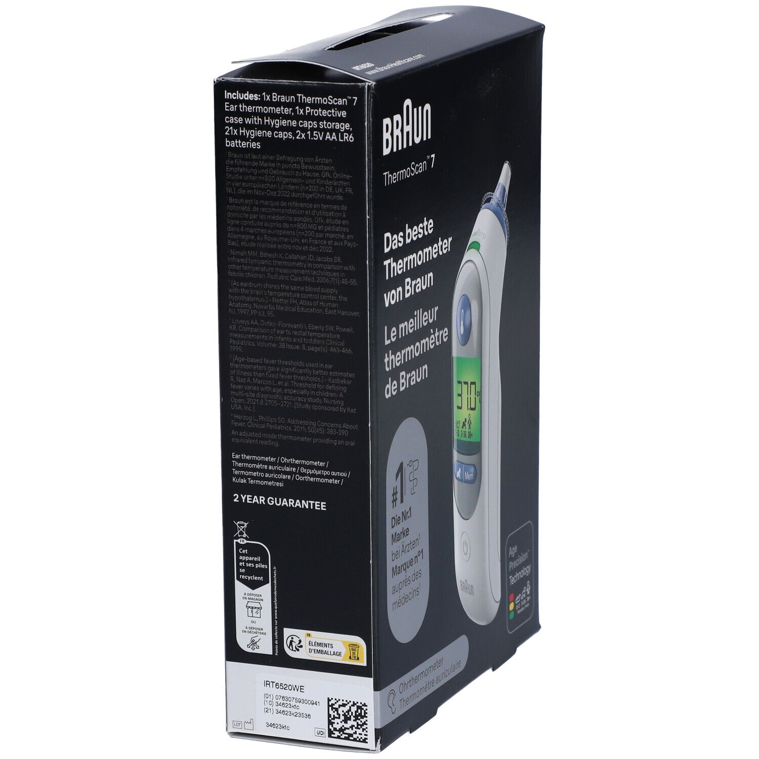 Verpakking van de Braun Thermoscan 7. Productnaam, garantie en accessoires op de zijkant. Zwarte verpakking.