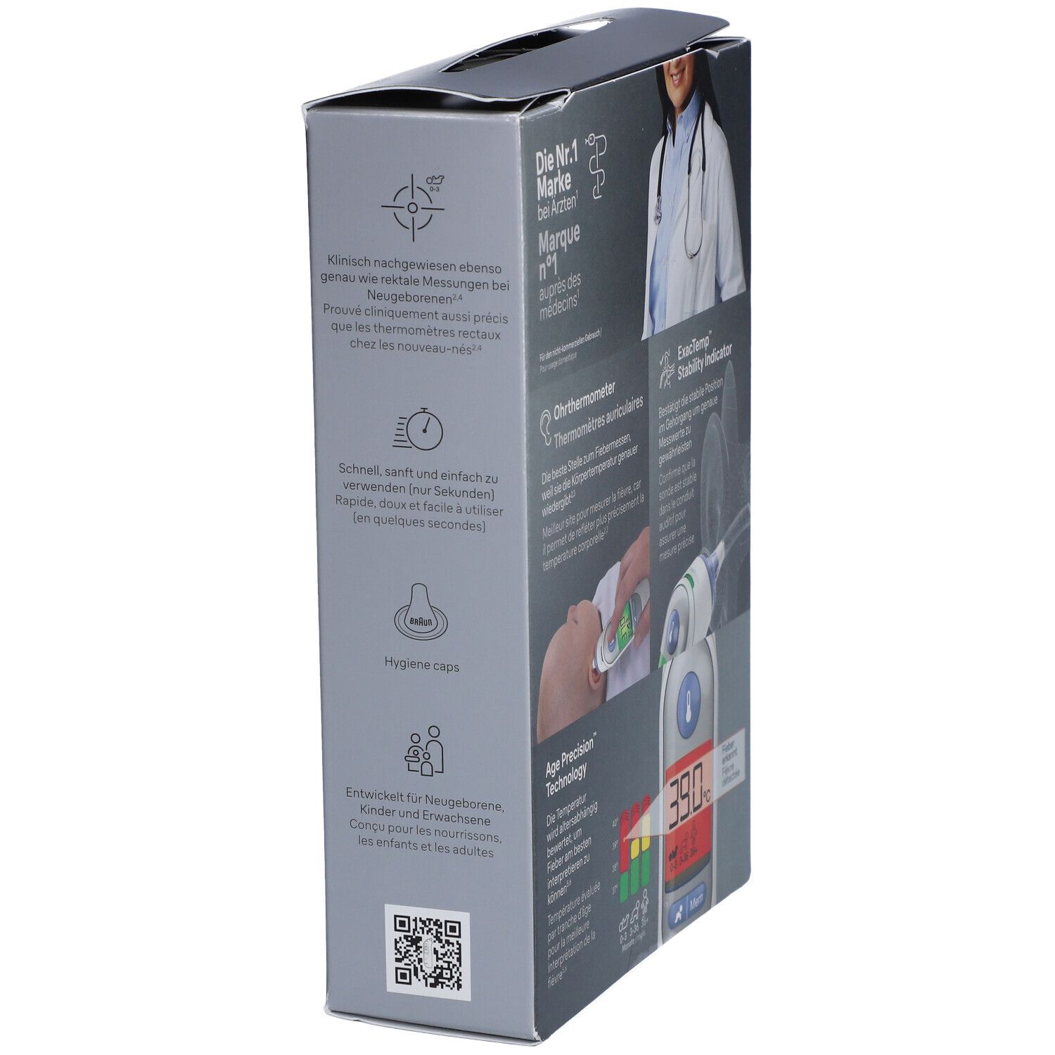 Zijkant van de Braun Thermoscan 7 verpakking. Informatie over gebruik, hygiënekappen en QR-code.