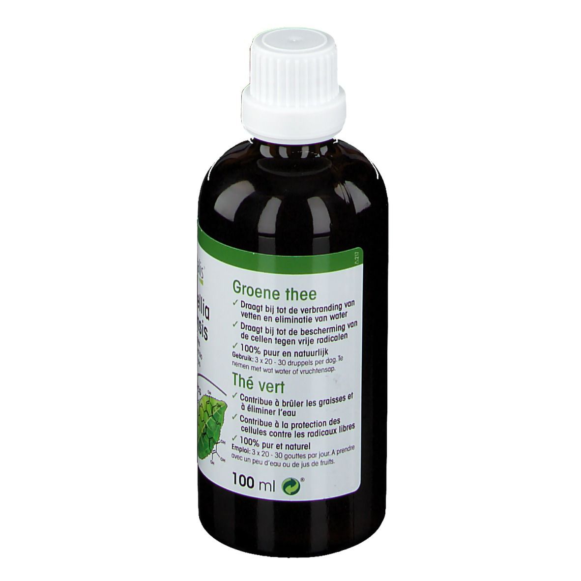 Flacon en verre brun avec bouchon blanc. Étiquette avec informations produit en néerlandais et français. 100 ml.