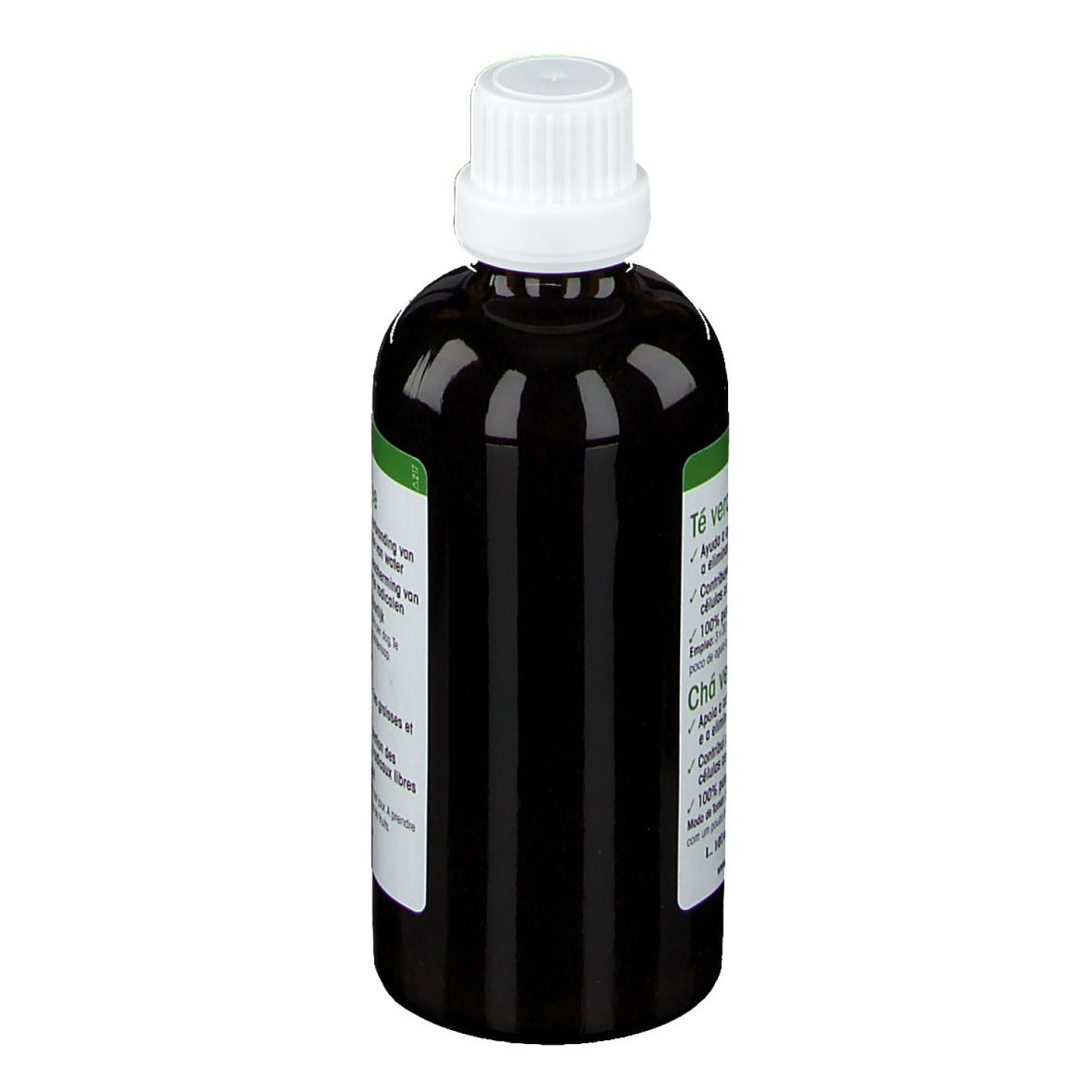 Flacon en verre brun avec bouchon blanc. Étiquette avec informations sur le produit. 100 ml.