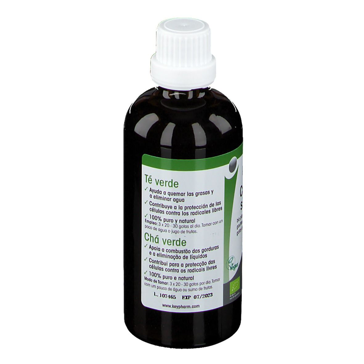Flacon en verre brun avec bouchon blanc. Étiquette avec informations produit en espagnol et portugais. 100 ml.