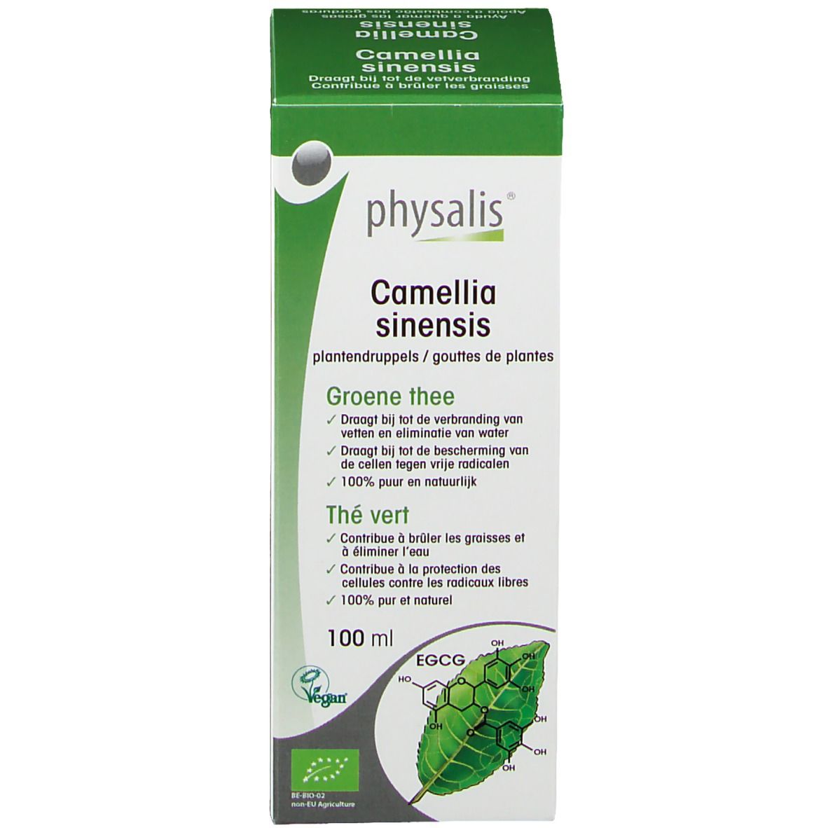 Emballage vert avec informations sur le produit. 100 ml.