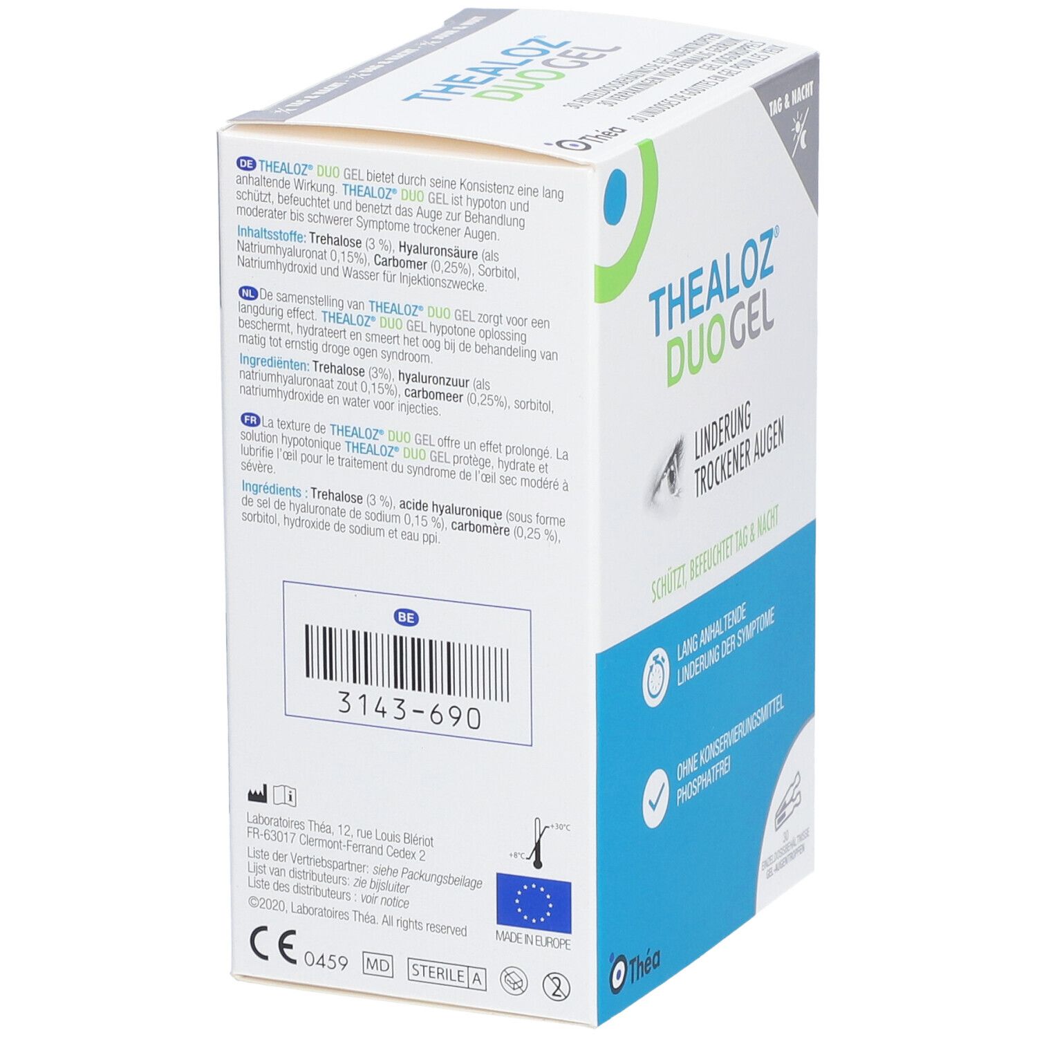 Zijkant van de verpakking van Thealoz Duo Gel. Meertalige tekst. Bevat 30 gel-eenheidsdoses.