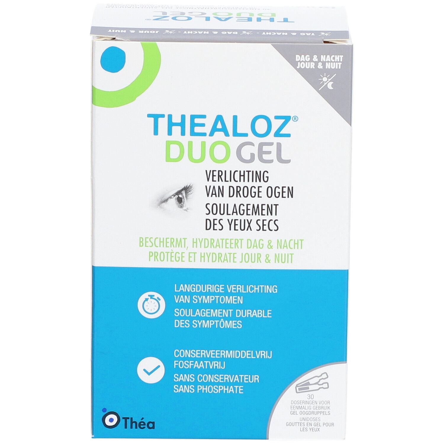Verpakking van Thealoz Duo Gel. Opschrift: Verlichting van droge ogen. Bevat 30 gel-eenheidsdoses.