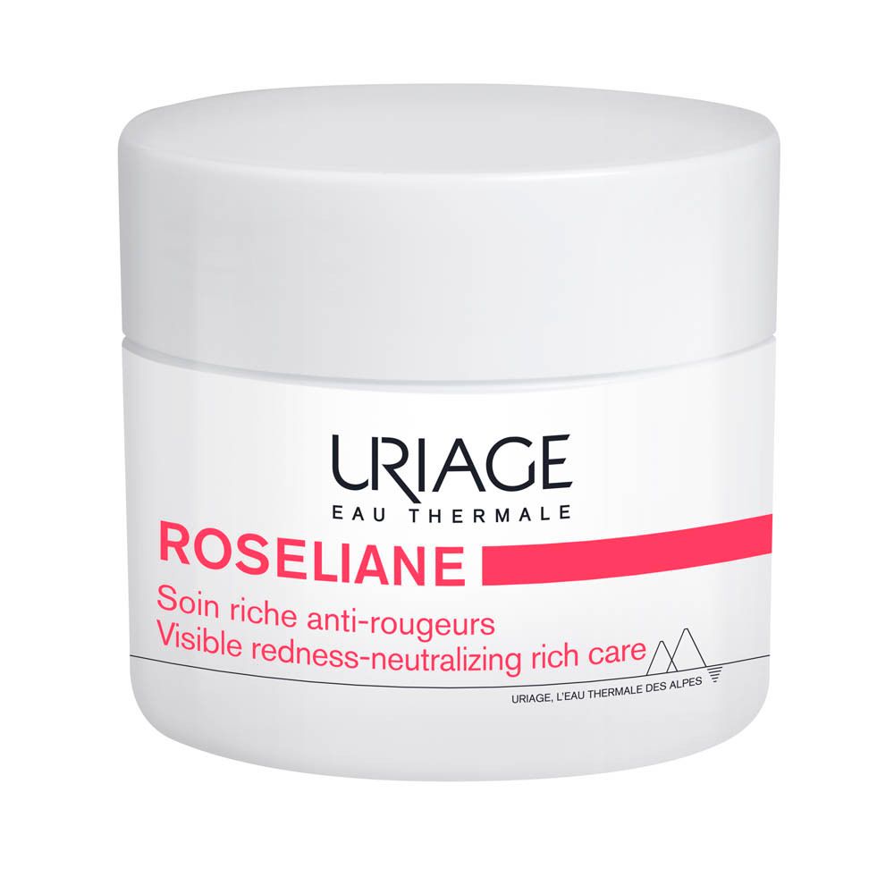Uriage Roséliane Crème. Pot blanc avec couvercle. Étiquette rose avec nom et logo du produit.
