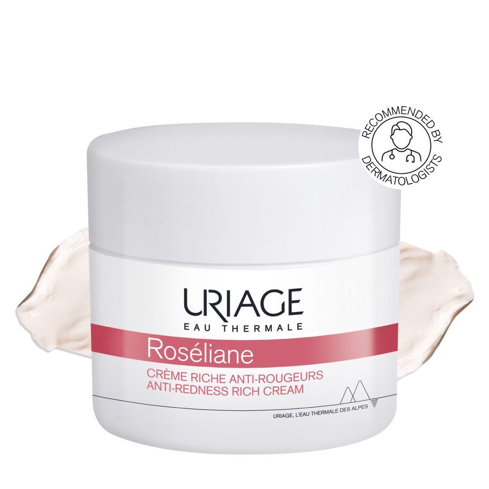 Uriage Roséliane Crème. Witte pot met deksel. Crème op de huid. Tekst en logo's.
