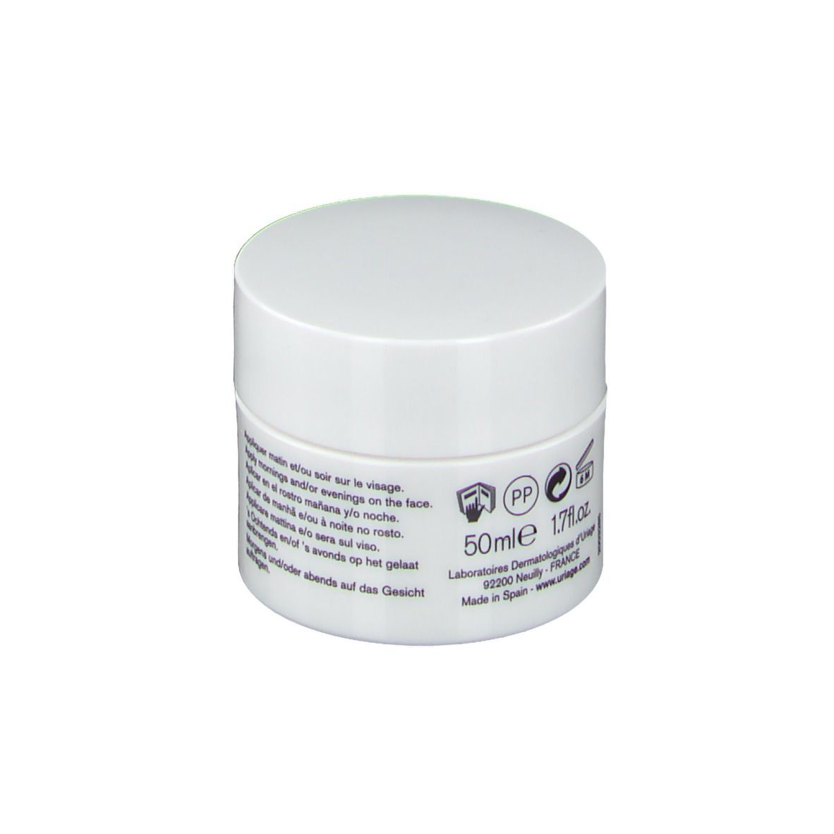 Uriage Roséliane Crème Riche. Pot blanc avec couvercle. Dos avec texte et logos. 50ml.