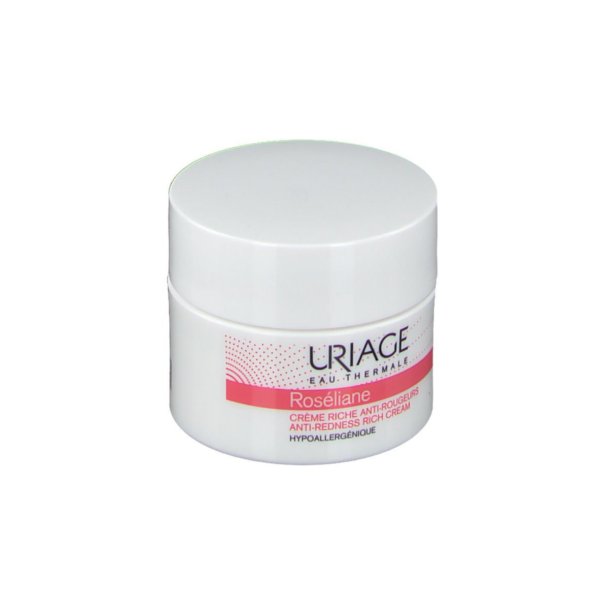 Uriage Roséliane Crème Riche. Pot blanc avec couvercle. Étiquette rose avec nom et logo du produit.