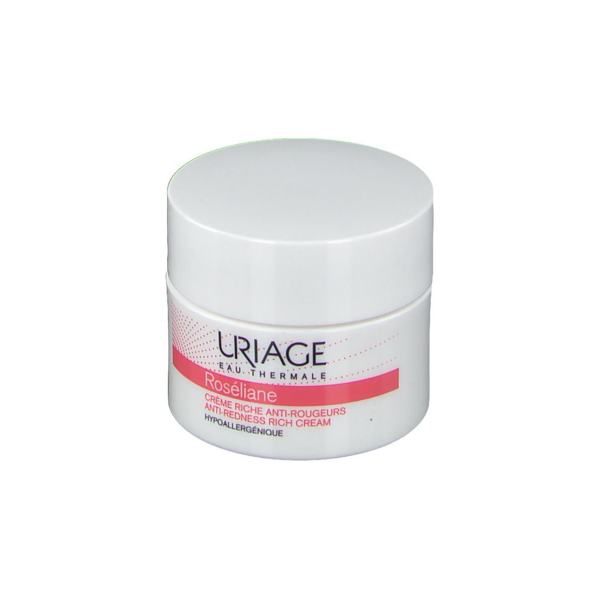 Uriage Roséliane Crème Riche. Pot blanc avec couvercle. Étiquette rose avec nom et logo du produit.