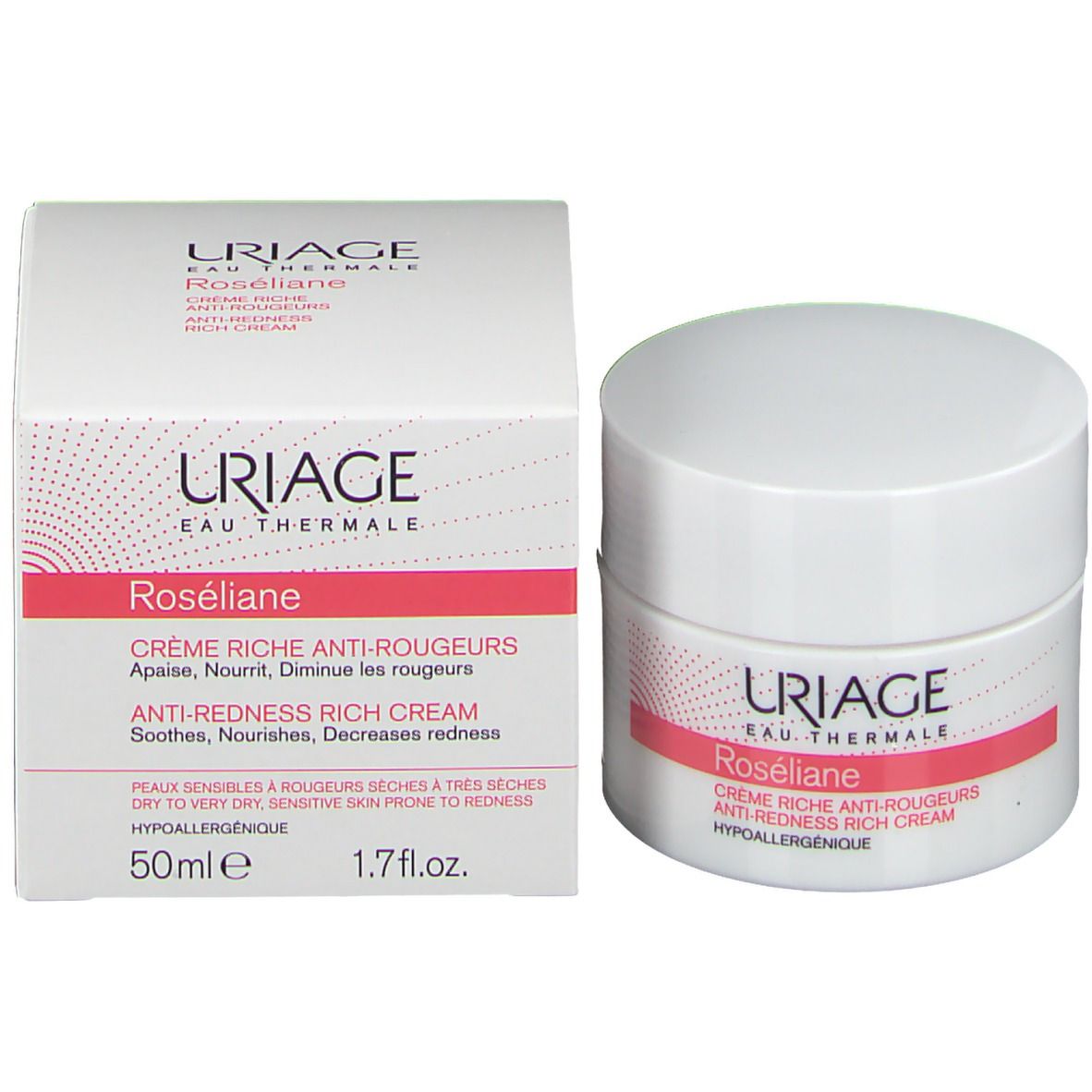 Uriage Roséliane Crème Riche et emballage. Pot et boîte blancs. Étiquette rose.