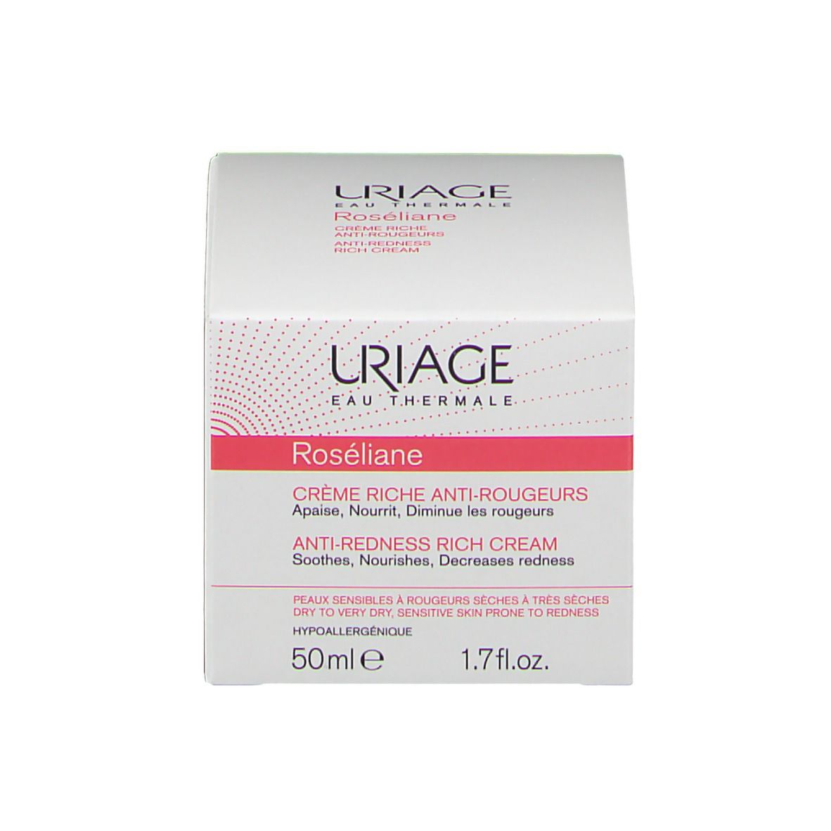 Uriage Roséliane Crème Riche et emballage. Pot et boîte blancs. Étiquette rose.